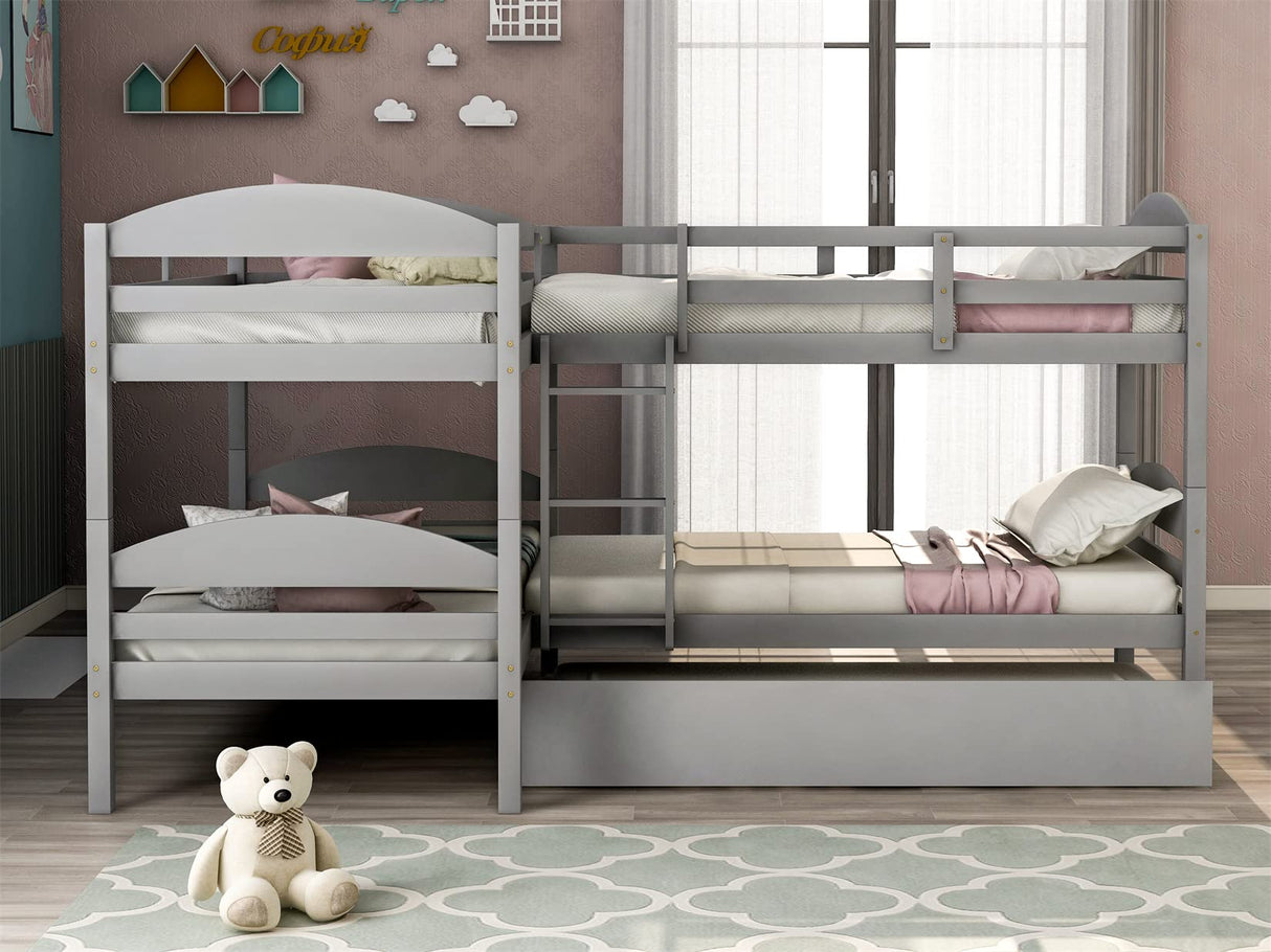 Bellemave L-Shaped Quad Bunk Bed with Trundle, Twin Over Twin, Gray, 4 Beds Bellemave
