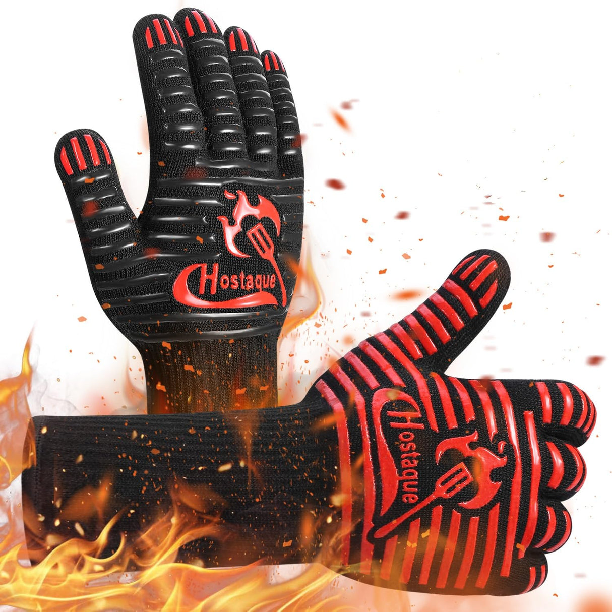 Grilling Gloves 1472℉ Extreme Heat Resistant, 14 Inch Grill BBQ Gloves for Men, Silicone Non-Slip Kitchen Oven Mitts, Hot Cooking Oven Gloves for Grilling, Frying, Baking, Welding, Fireplace Hostaque