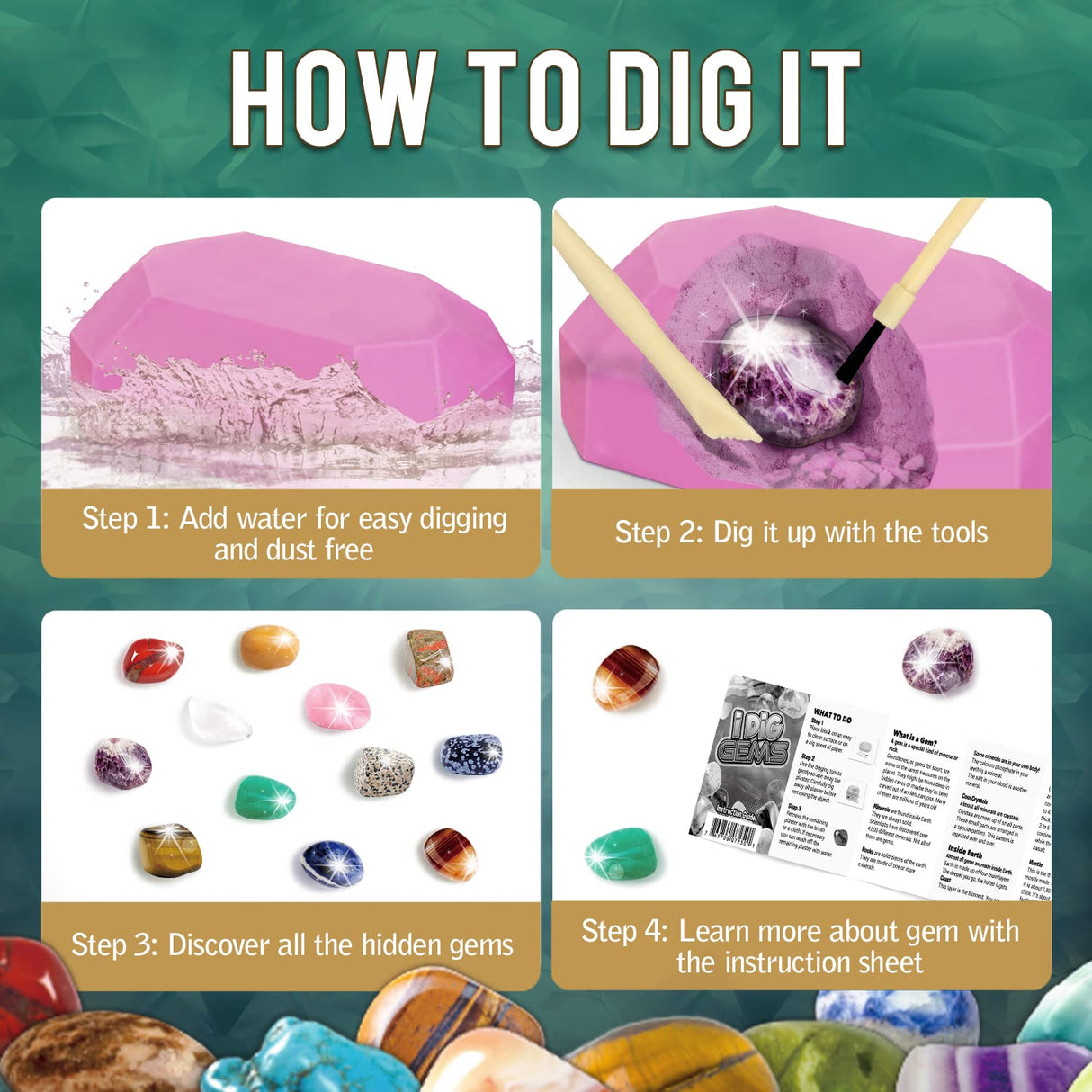 Byncceh Gemstone Dig Kit - Dig up 12 Real Gems, Mineral & Rock Collection Gemstones and Crystals Excavation Kit for Kids STEM Toys Science Educational Birthday Gifts for Boys & Girls Byncceh
