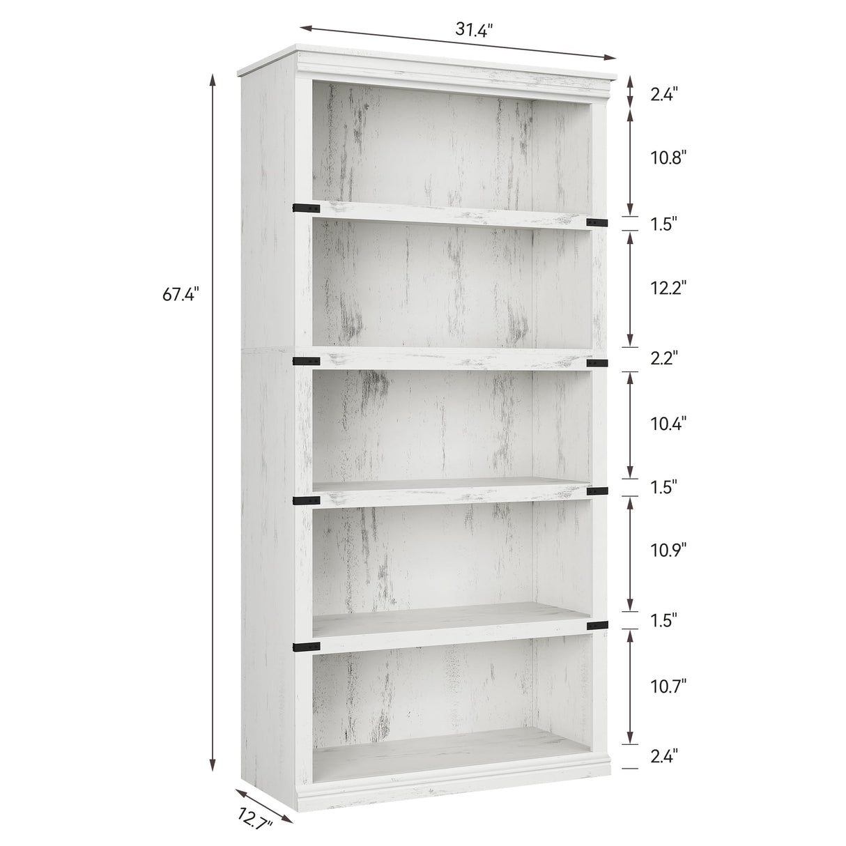 IDEALHOUSE 5 Tier Bookcase, Farmhouse Book Shelf with Storage, Tall Book Case Wooden 5 Shelf Bookcase for Home Office, Living Room, Bed Room (White, 67.4" H x 31.5" W x 12.8" D) IDEALHOUSE