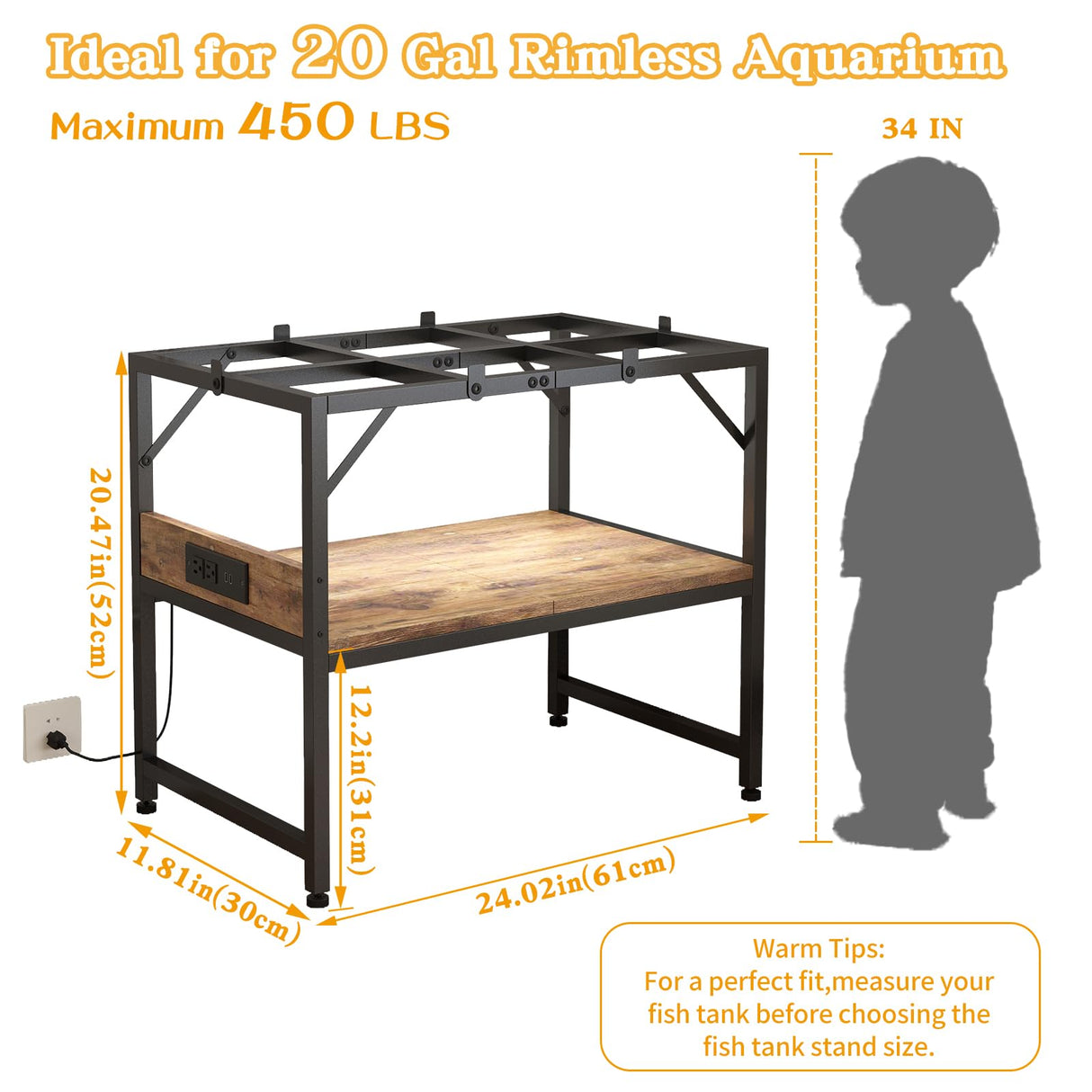 METYERRY Modern 20 Gallon Fish Tank Stand for Home Office, 2-Tier Aquarium Stand with Shelf for Storage, Fish Tank Table 24" x 12" x 21", Ideal for Breeder Tanks, and Reptile Terrariums, Rustic Brown METYERRY