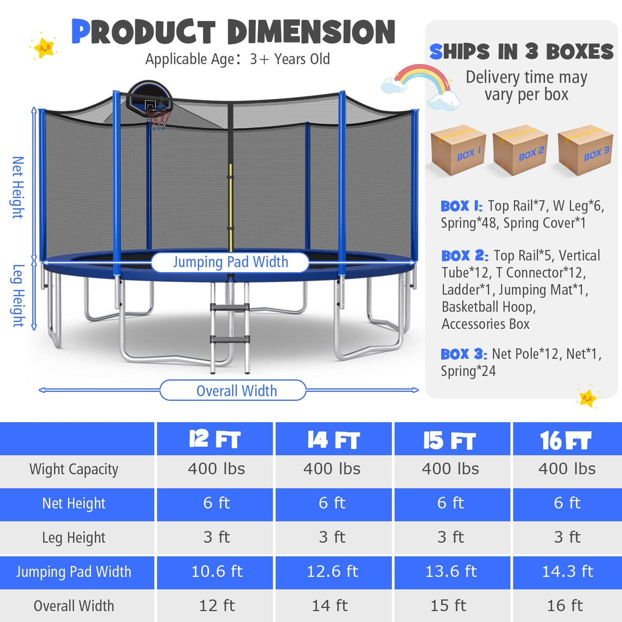 GYMAX Trampoline for Kids, ASTM Approved 12FT 14FT 15FT 16FT Recreational Toddler Trampoline with Enclosure Net, Basketball Hoop, Basketball & Pump, Rebounder Trampoline for Adults (12FT) Black+Blue GYMAX
