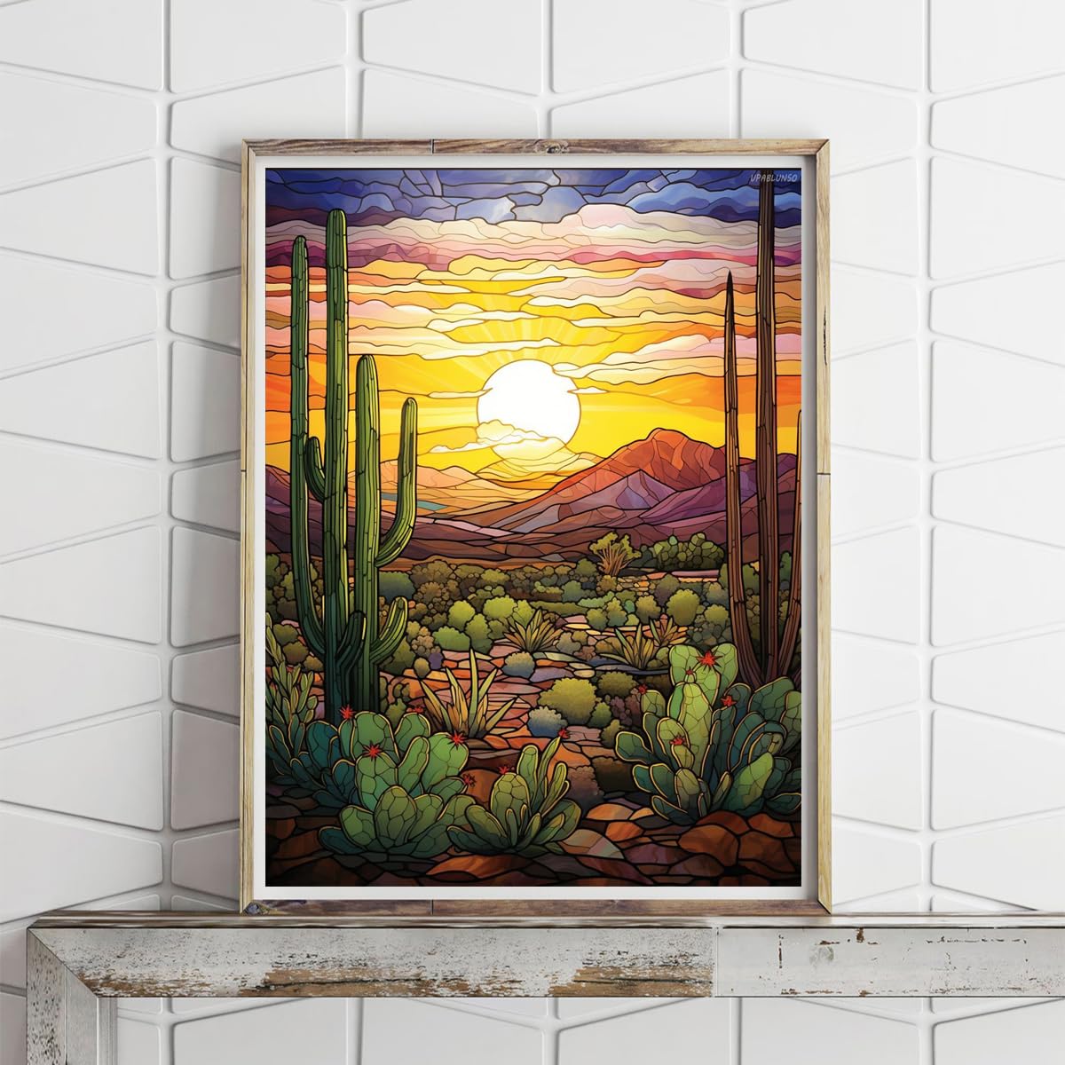 Stained Glass Desert Landscape Cactus Sunset 5D Diamond Art Painting Kits Round Full Drill DIY Paint by Diamond Number Kits for Beginners Crystal Cross Stitch Diamond Art Wall Decor 12x16inch UPABLUNSO