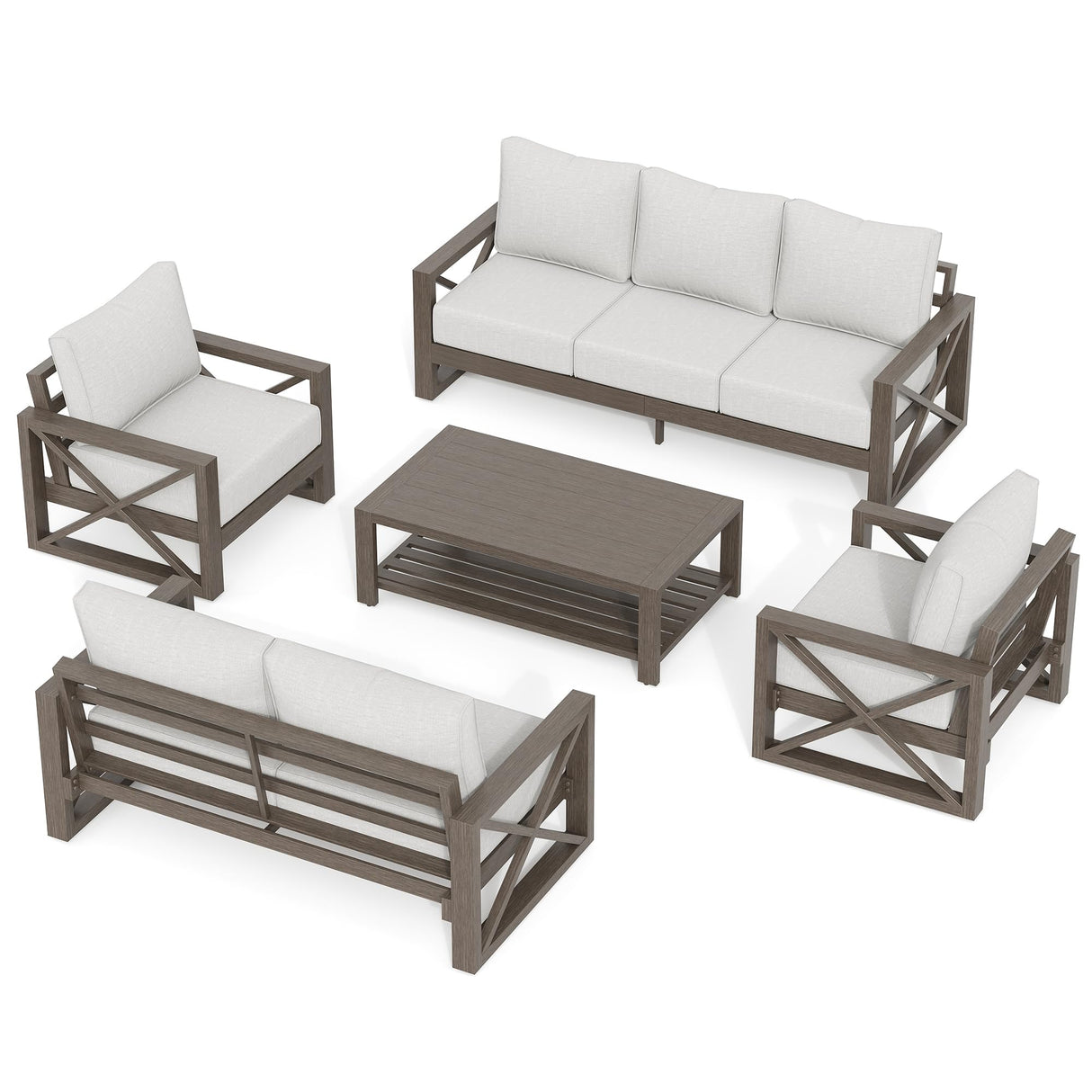 UDPATIO Patio Aluminum 3-Seat Couch, Faux Wood All-Weather Outdoor Furniture Sofa with 6” Water-Resistant OLEFIN Cushions and Rust-Proof Frame, Waterproof Cover Included, Beige UDPATIO
