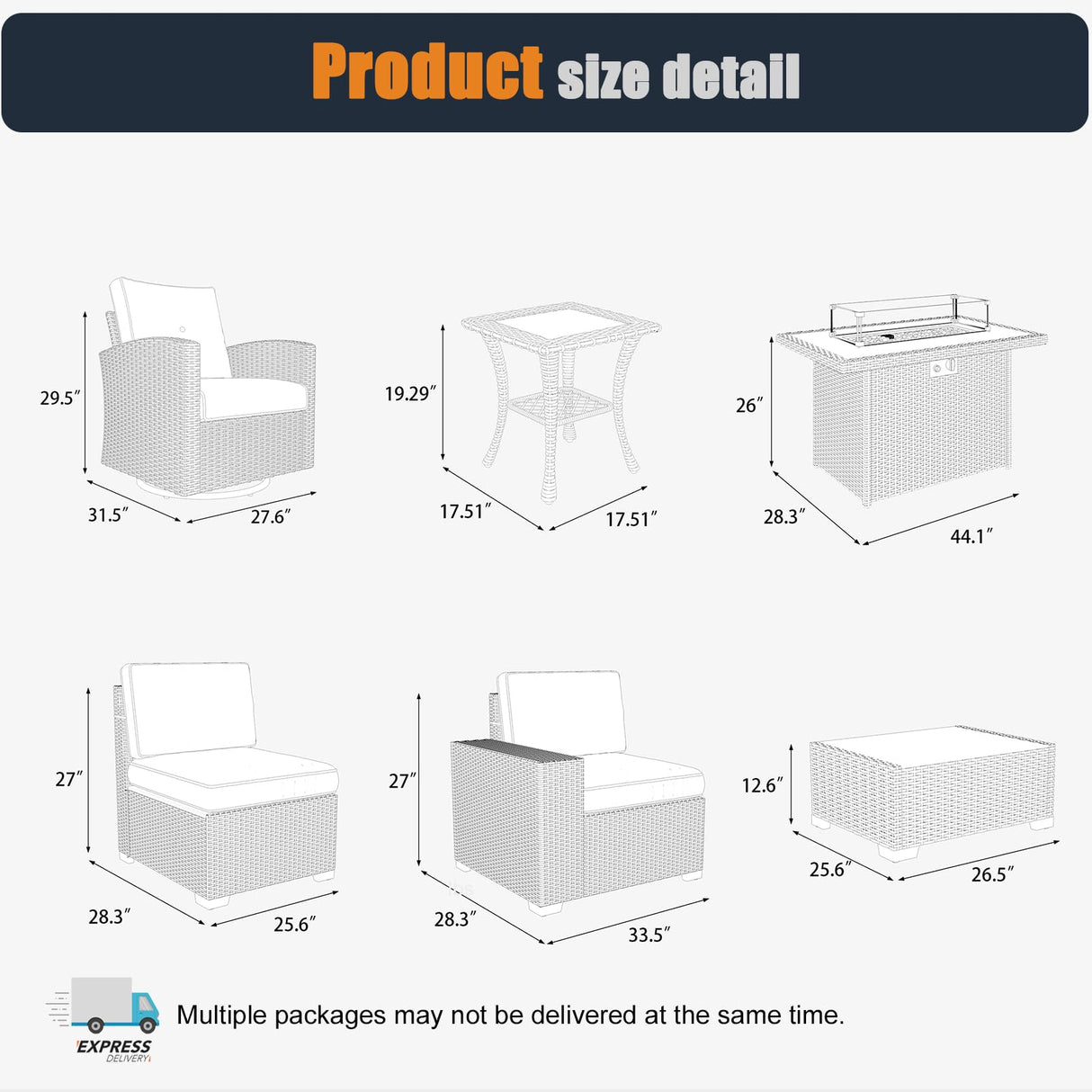 KHOLH Patio Furniture Set with Fire Pit Table, 10 Pieces Outdoor All-Weather Wicker Conversation Sectional Chair Sofa Set with 2 Swivel Chairs KHOLH