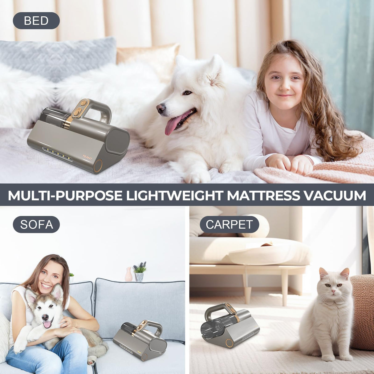 Teant Mattress Vacuum Bed Vacuum Cleaner with 253.7nm UV-C Light, HEPA Filter & 140℉ Heating, 500W & 15Kpa Strong Suction, Lightweight Handheld Vacuum with Dual-Cup Design for Bed and Pet Hair Teant