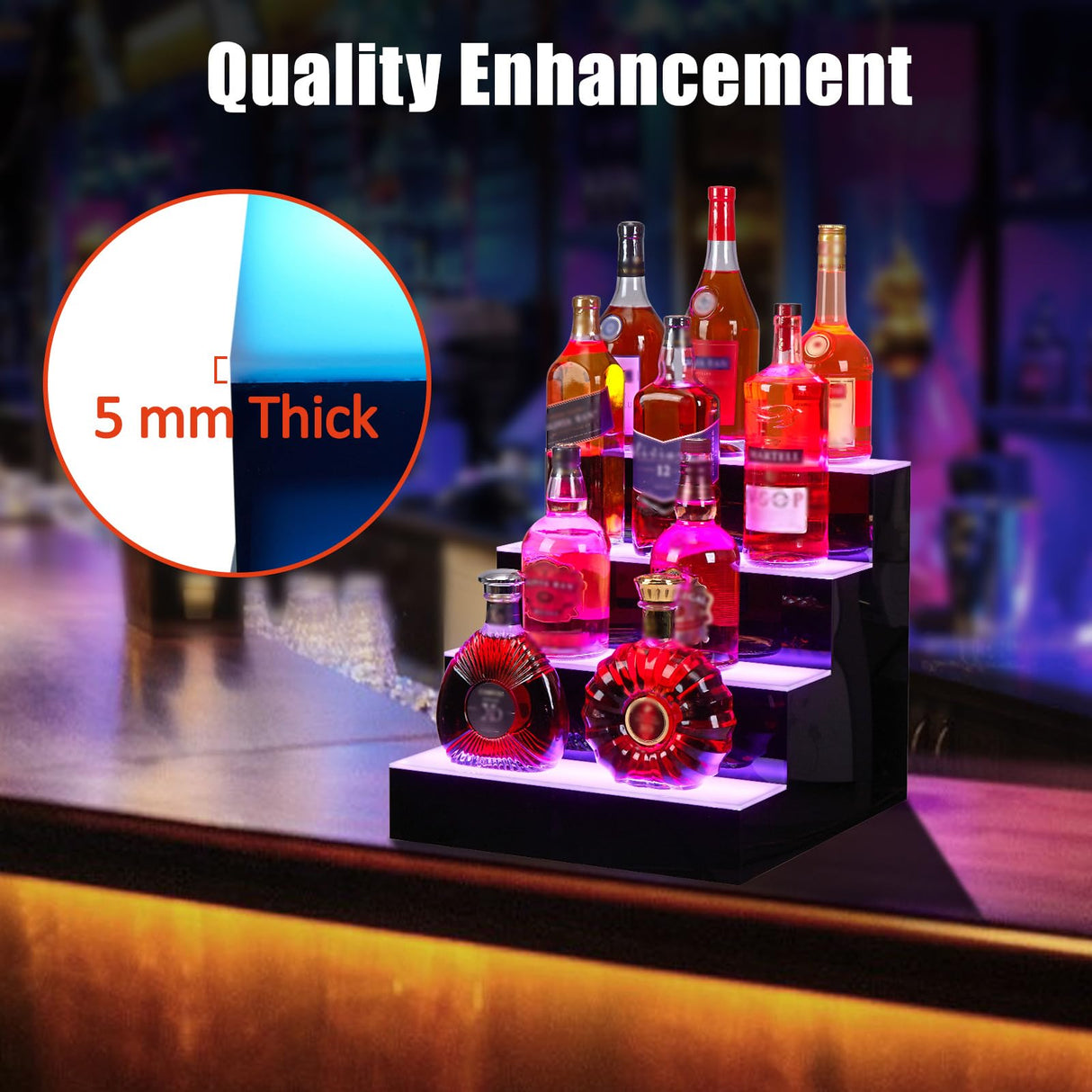 GarveeTech LED Lighted Liquor Bottle Display, 4-Step 16 Inch Lighted Liquor Bottle Shelf for Home Counter Party, Freestanding Lighted Bottle Display Stand with Remote & App Control, 1-8 H Timing GarveeTech