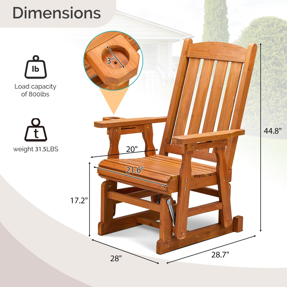 VINGLI Outdoor Glider Chair Wood Patio Glider with Cup Holder, Porch Glider with Smooth Rocking Mechanism, Heavy Duty 600 LBS VINGLI