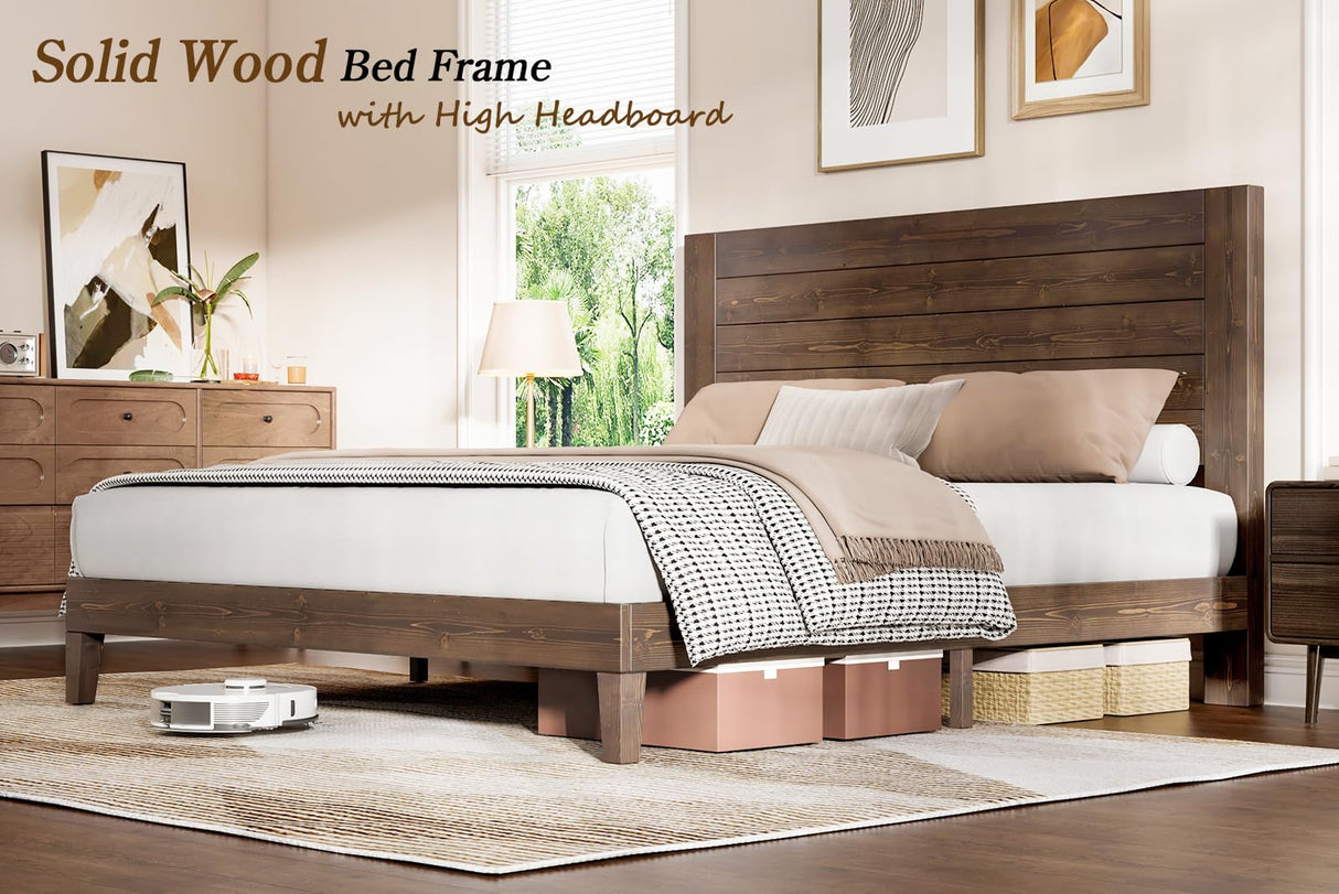 LUXOAK Solid Wood Bed Frame with High Headboard, Full Size Platform Bed Frame with Wood Slats/No Box Spring Needed/Noise-Free, Brown Black LUXOAK