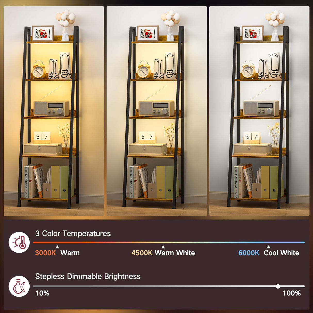 OUTONLIFE 5-Tier Ladder Shelf, Bookshelf with LED Light & Drawer, Rustic Narrow Tall Corner Bookcase with Storage Rack, Wood Metal Standing Display Shelves for Living Room, Bedroom (Rustic Brown) OUTONLIFE