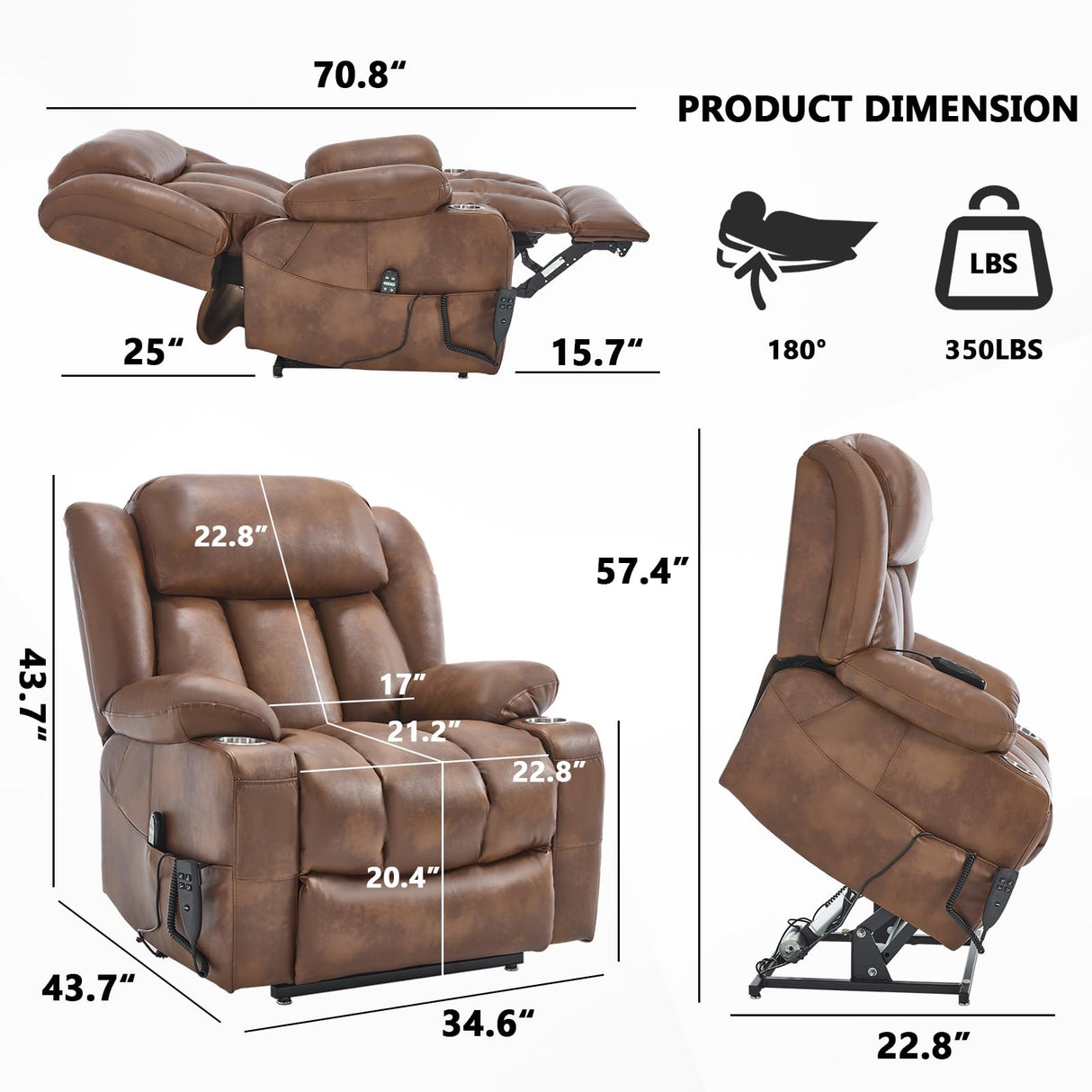 EZZUP Lay Flat Lift Recliner Chair with Massage & Heat for Elderly People, Electric Power Lift Chair with Dual Motor, Cup Holders and 2 Remote Controls, Breathable Faux Leather Brown EZZUP