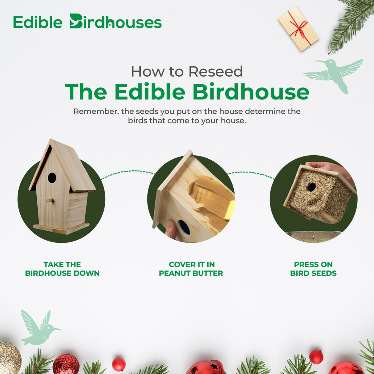 Handmade Edible Birdhouse- Unique Wooden Birdhouse Covered w/Birdseed- Reseedable Bird Feeder-Made in USA- Holiday Design! (SD) EDIBLE BIRDHOUSES