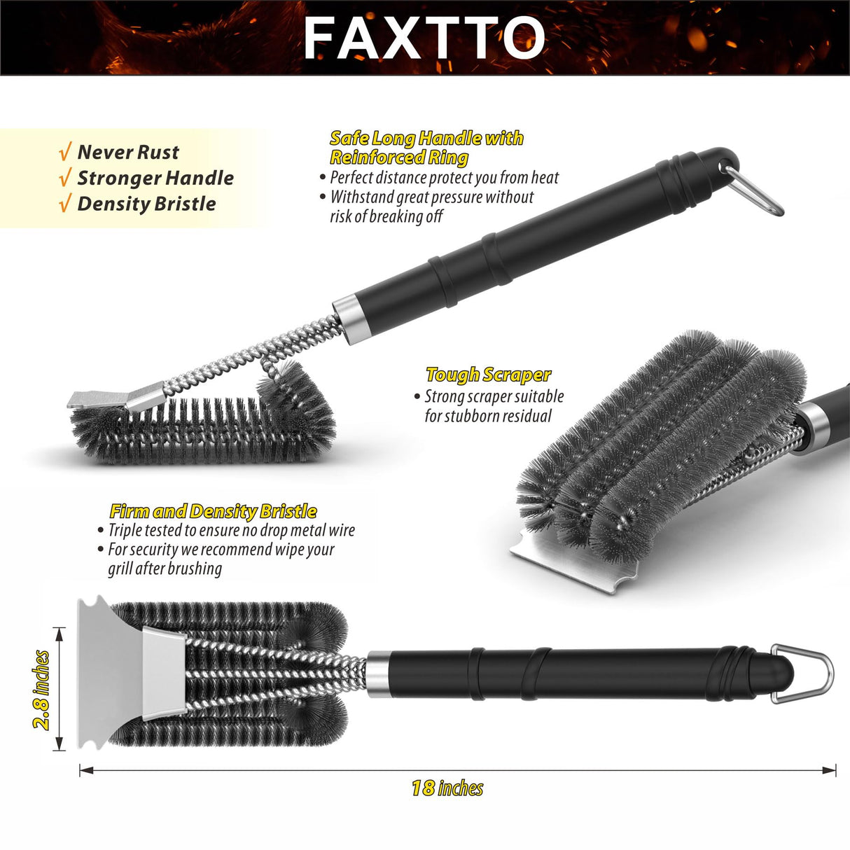 Grill Brush with Extra Strong Long Handle BBQ Cleaner Accessories - Safe Wire BBQ Brush, Triple Barbecue Scrubber Cleaning Brush for Gas/Charcoal Grilling Grates Weetiee Life