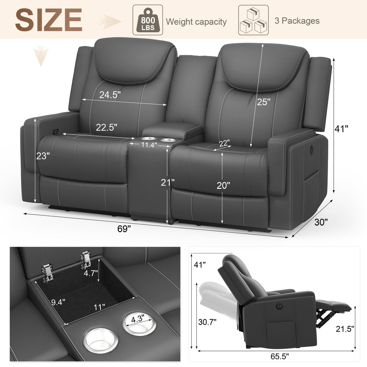 Dresegmt Loveseat Recliner Sofa, Gray PU Leather Double Recliner Loveseat with Console, Cup Holders, Storage & USB Ports, Ergonomics, Manual Reclining Sofa Couch for Living Room, RV Dresegmt