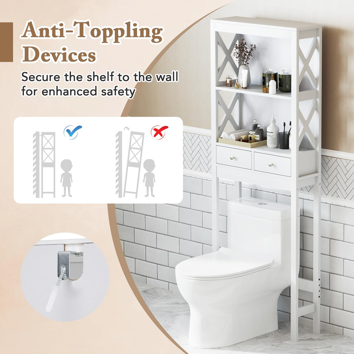 Giantex Over The Toilet Storage Cabinet, 65" Tall Freestanding Bathroom Organizer with Open Shelves, Storage Drawers & Adjustable Bottom Bar, Space Saver Above Toilet Rack for Bathroom, White Giantex