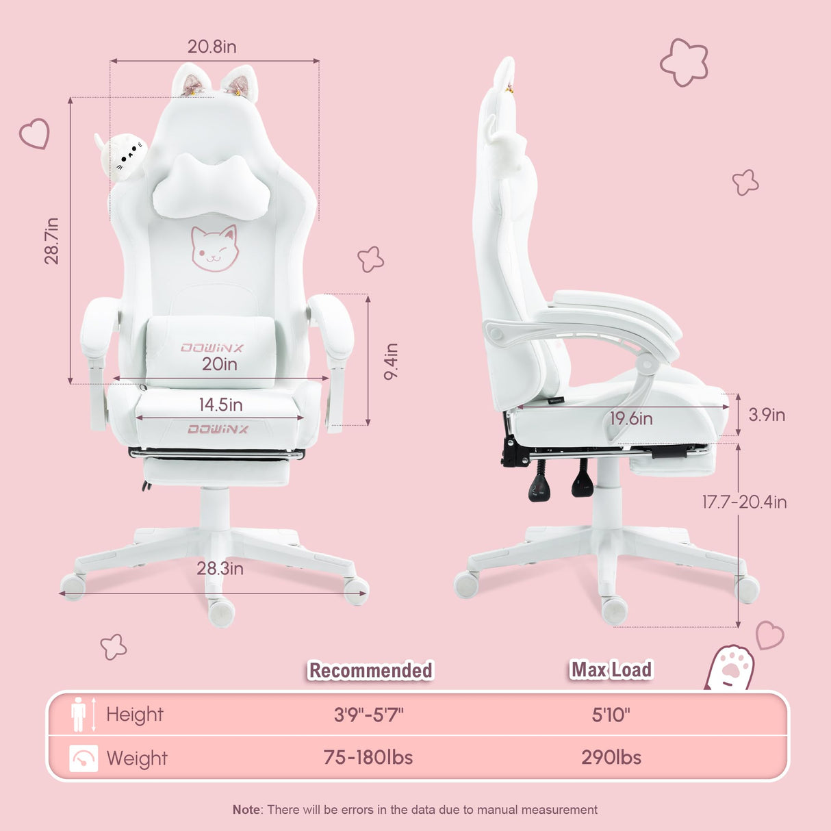 Dowinx Gaming Chair Cute with Cat Ears and Massage Lumbar Support, Ergonomic Computer Chair for Girl with Footrest and Headrest, Comfortable Reclining Game Chair 290lbs for Adult, Teen, White Dowinx