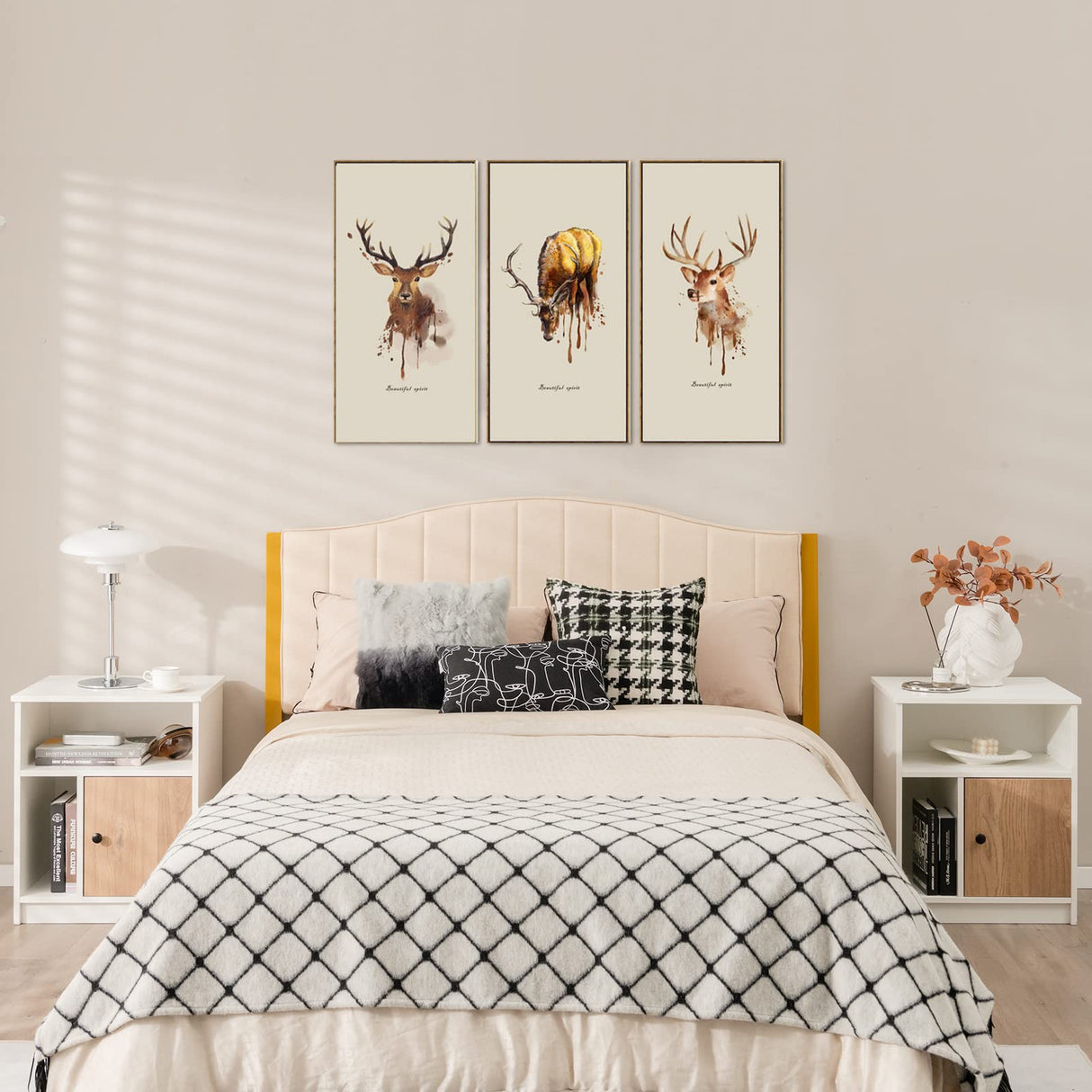 Tangkula Nightstand Set of 2, Wooden Sofa Side End Table with Bamboo Door & Open Compartments, Multifunctional 3 Tier Bedside Table for Bedroom, Accent Table with Storage (2, White) Tangkula