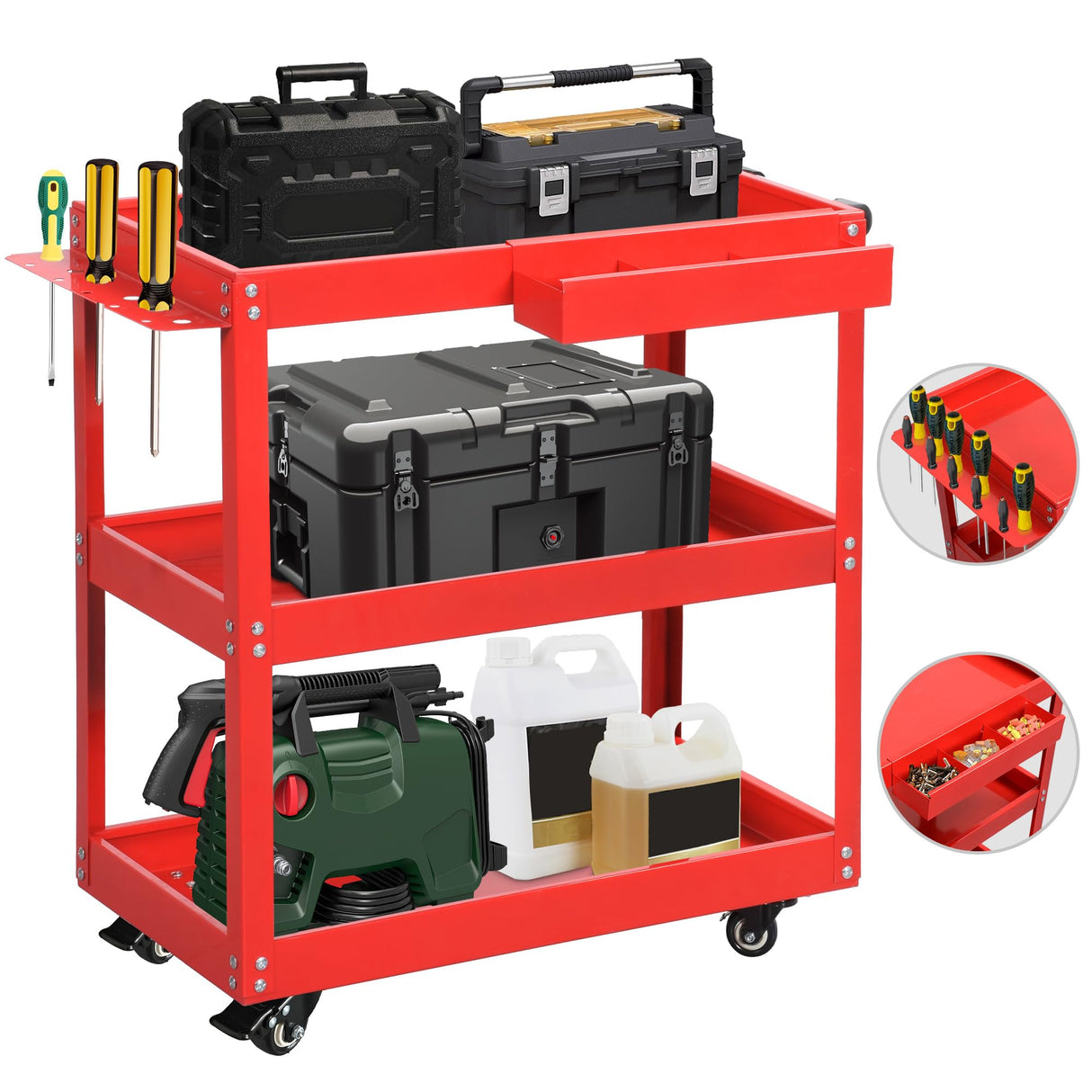 YITAHOME 3-Tier Tool Cart on Wheels, Rolling Metal Service Cart with Screwdriver Hanging Board & Storage Box, Heavy Duty Steel Utility Cart 400lbs Load Capacity for Mechanic Work Garage Warehouse Red YITAHOME