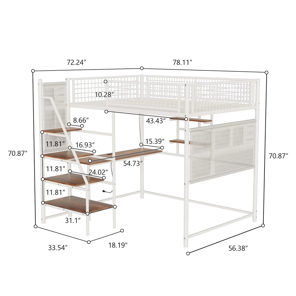 KEIKI Full Sized Loft Metal Bed with Desk and Stairs, Metal Loft Bed Frame, Heavy-Duty High Loft Beds with Built-in Charging Station and Lighting for Bedroom, Dormitory KEIKI
