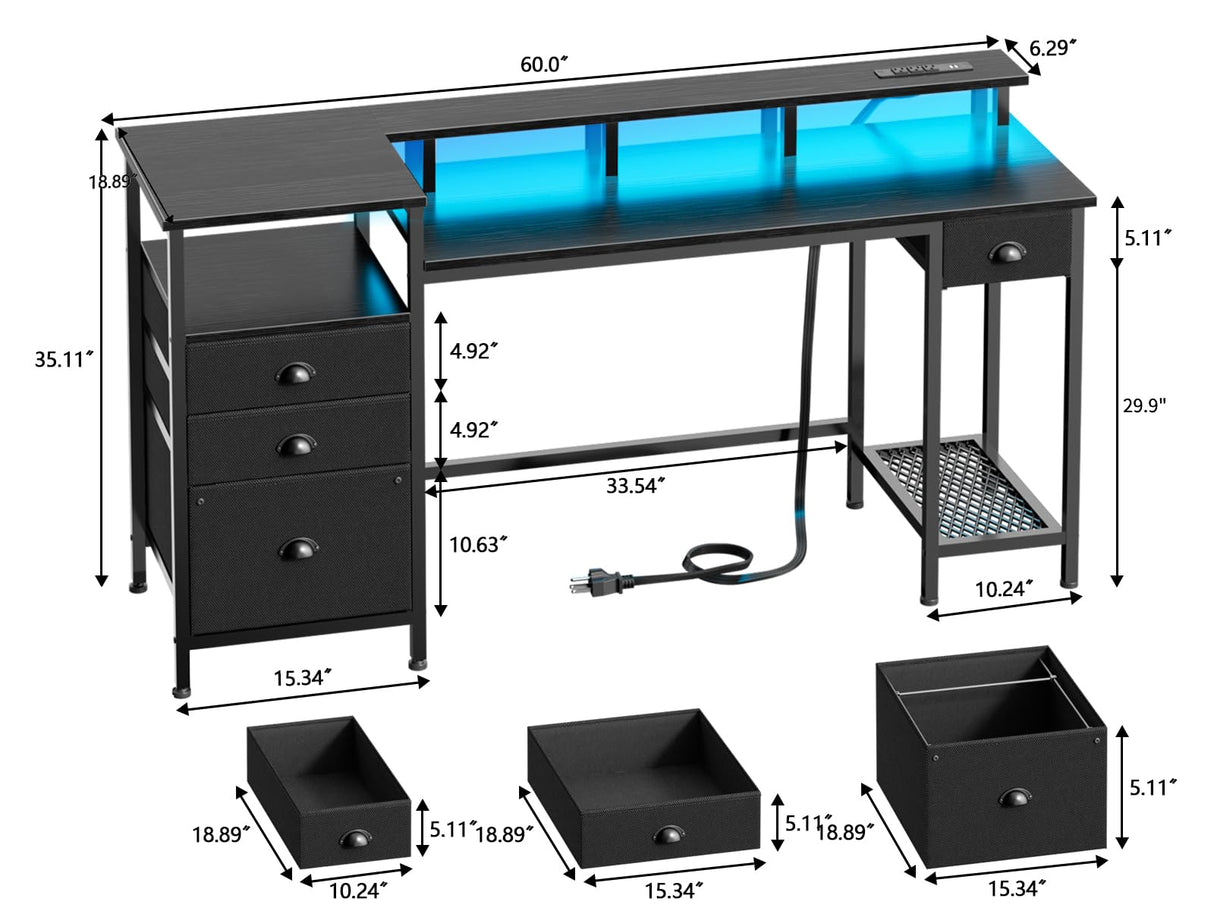Furologee Black Computer Desk with 4 Drawers, 60" Long Office Desk with Fabric File Cabinet and Power Outlets, Gaming Desk with LED Lights, Study Writing Work Desk for Home Office Furologee