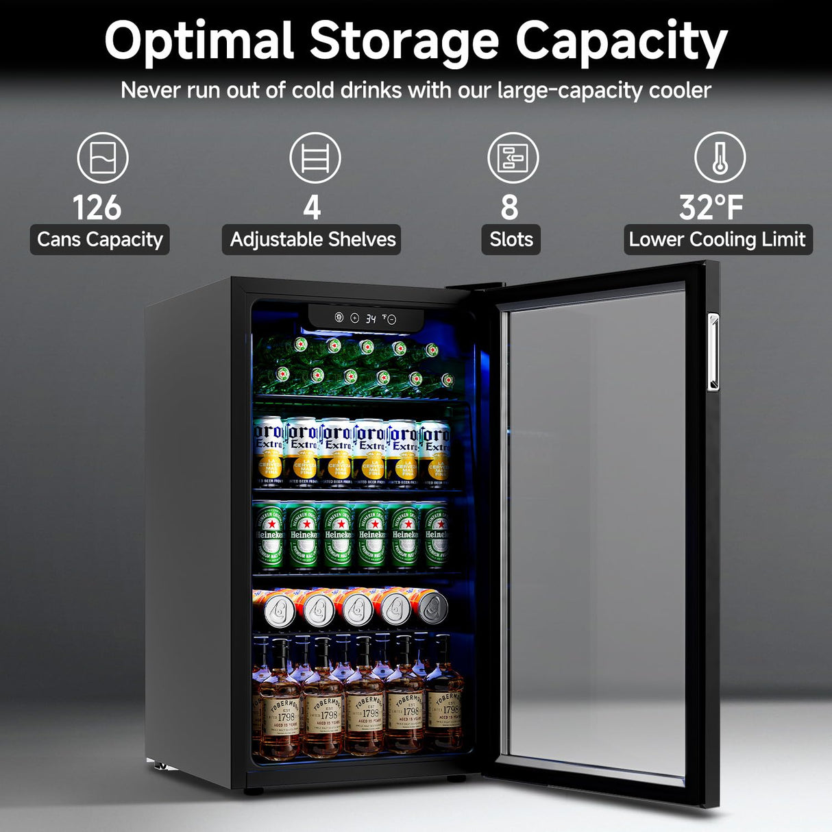 Feelfunn Beverage Refrigerator and Cooler - 126 Can Mini Fridge Glass Door for Soda Beer Wine - Freestanding Beverage Fridge for Bedroom Office Bar, 4 Adjustable Shelves, 3.2 Cu.Ft, Black Feelfunn