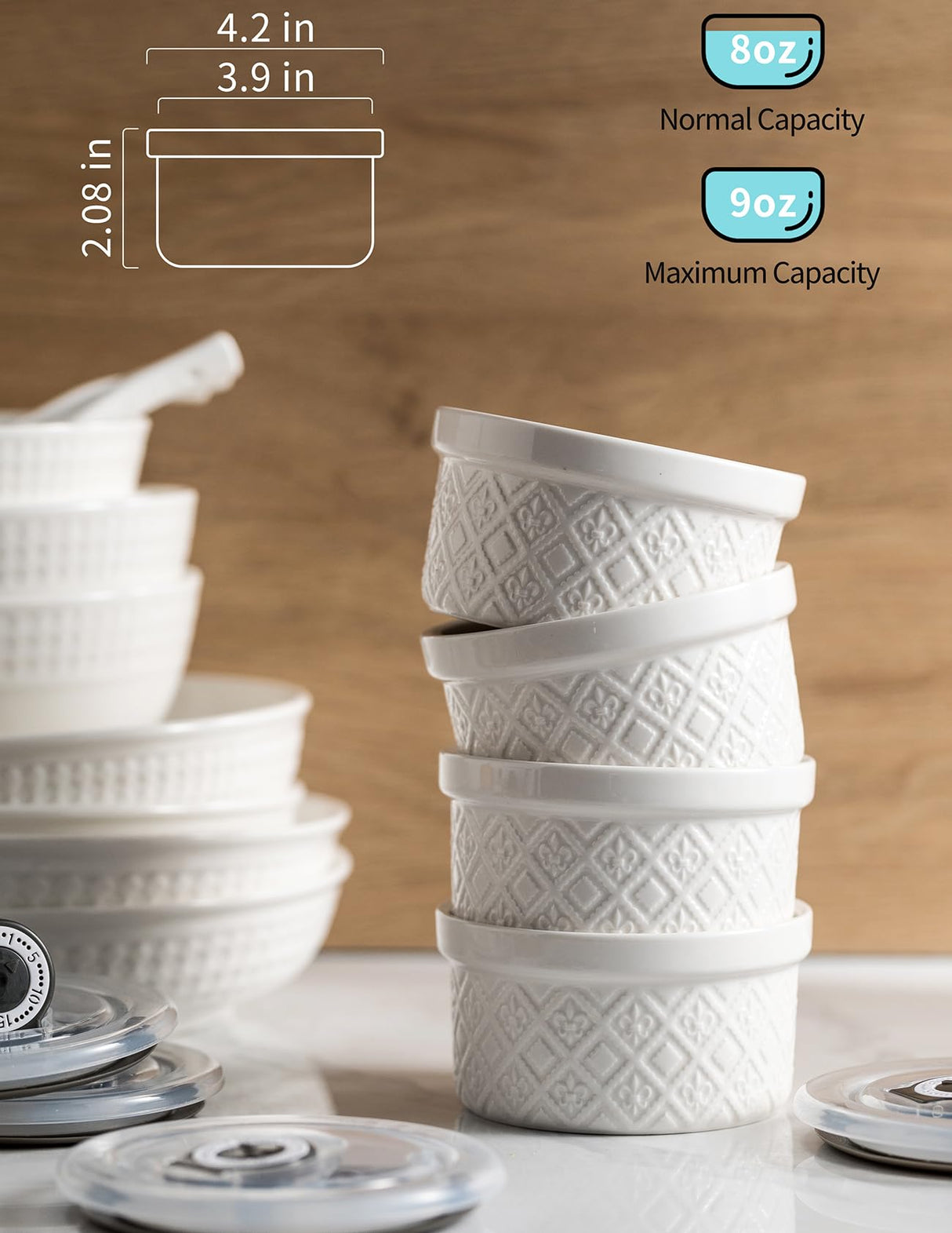 Ramekins for Creme Brulee, 9 ounces Set of 4 Lava Cake, Pudding, Souffle, Small Sauce Bowl, Ceramic Baking Dishes Farmhouse Decor Arctic White MISSYSSIM