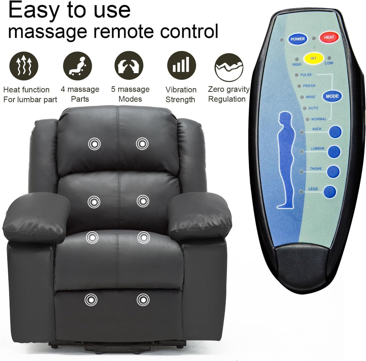 COMHOMA Power Lift Recliner for Elderly,Lift Chair with Heat and Massage,PU Recliner Sofa with Timing Function 2 Side Pockets,Cup Holders and Infinite Position for Living Room (Black) COMHOMA