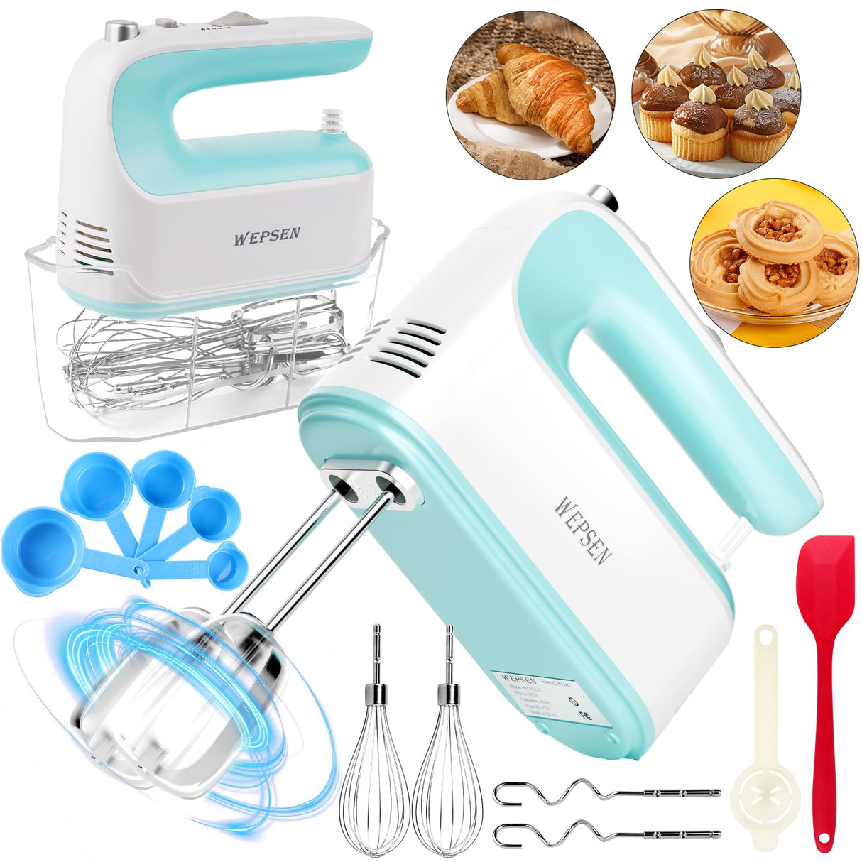 Hand Mixer Electric Handheld, 5-Speed Handheld Mixer, 380W Electric Mixer with Stainless Steel Whisk Beater Attachments, Snap-On Storage Case, Measuring Cups, Kitchen Cake Mixers for Baking Supplies WEPSEN