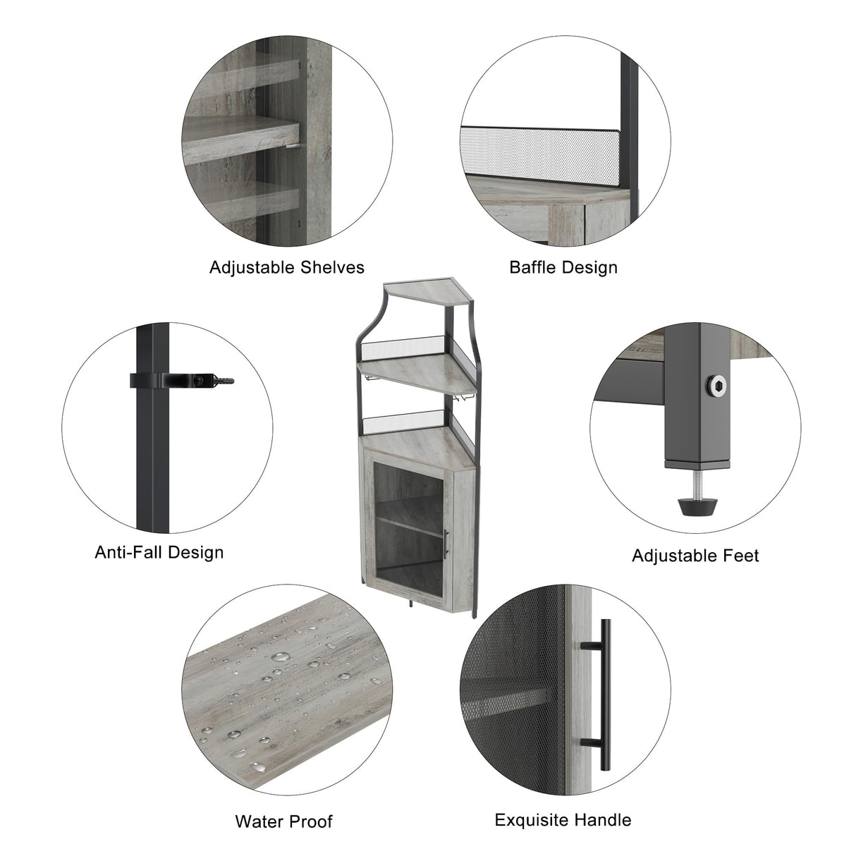 GAOMON Corner Bar Cabinet with LED Strip and Glass Holder, Industrial Wine Cabinet with Adjustble Shelf, 5-Tiers Liquor Cabinet Bar Cabinet for Home, Corner Display Cabinet for Small Space,Grey GAOMON