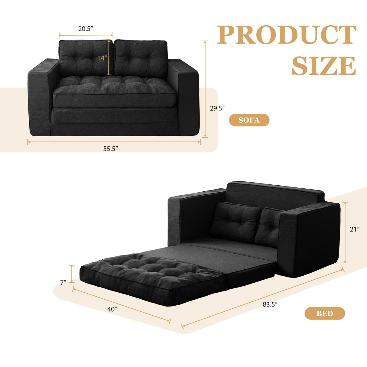 YOSHOOT Loveseat Sleeper Sofa,55" Convertible Sofa Bed Couch Futon Couches for Living Room,3-in-1 Pull Out Floor Couch with Backrest and Pillows, Black YOSHOOT