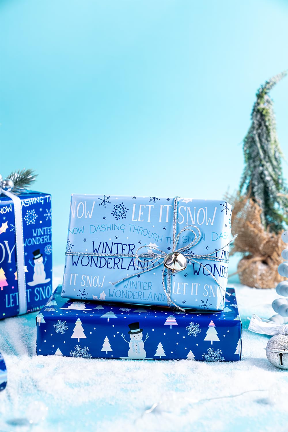 WRAPAHOLIC Christmas Wrapping Paper Roll - Mini Roll - 3 Rolls - 17 Inch x 120 Inch Per Roll - Blue and White Winter Wondland, Snowflake, Snowman Holiday Collection with Metallic Foil Shine WRAPAHOLIC