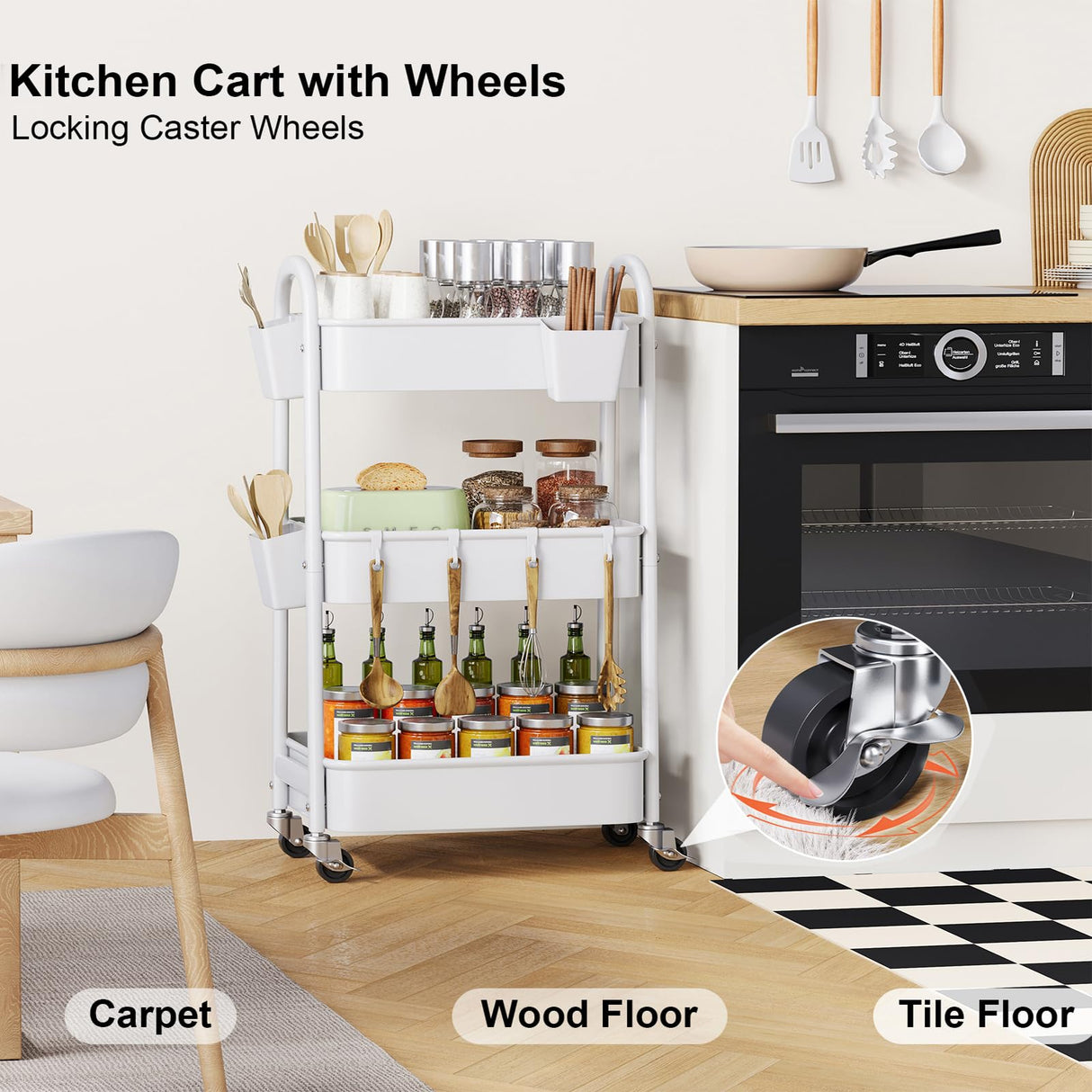 3 Tier Rolling Cart Metal with Wheels, Heavy Duty White Three Tiered Craft Cart Organizer on Wheels, Utility Roller Storage Carts for Art, Baby Nursery, Diaper Caddy, Snack,Book,Nail,Cleaning Supplies Osivaex