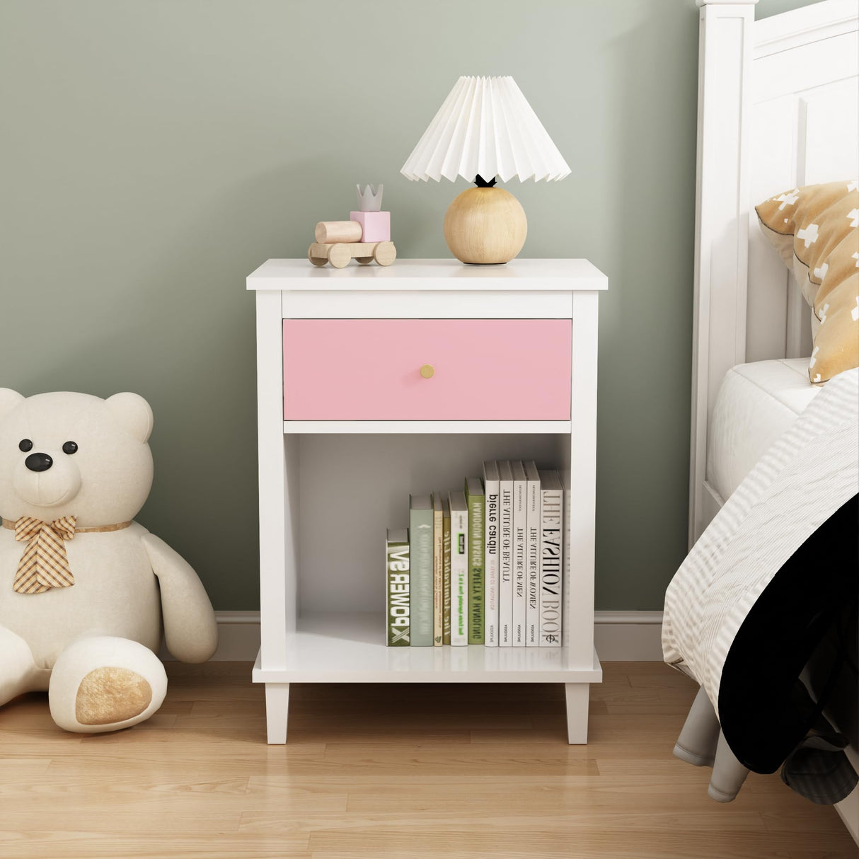 ALYIAMXL Kids Nightstand Modern Kids Bedside Table with Drawer & Open Storage Shelf Wood End Side Table Toddler Nightstand for Bedroom Living Room (Pink) ALYIAMXL