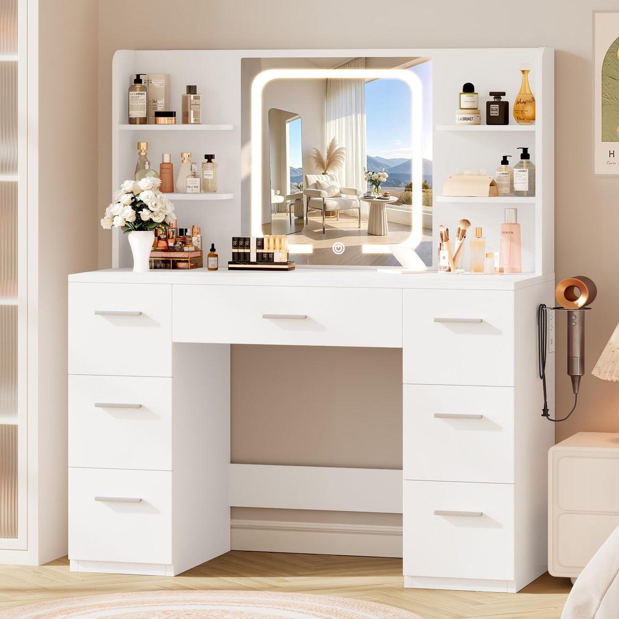 LIVELYGLOW Large Makeup Vanity Desk, 43.3”W x 15.7“D x 53.2”H, White (Large Desktop, Samrt LED Mirror, 4 Open Shelves, 7 Drawers, Hairdryer Rack, Power-Outlet, No Cushion Stool Included) LIVELYGLOW