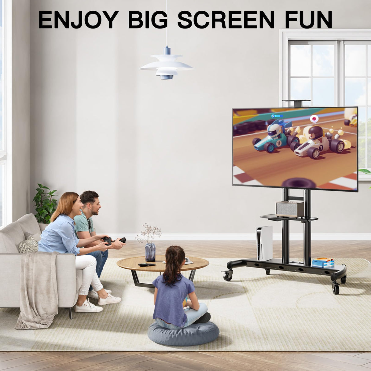 PERLESMITH Mobile TV Stand for 55-90 Inch Flat/Curved Screen TV Max VESA 800x500mm Outdoor TV Cart with Height Adjustable AV Shelf- UL Certificated Rolling Floor TV Stand Holds up to 200Lbs (PSTVMC07) PERLESMITH