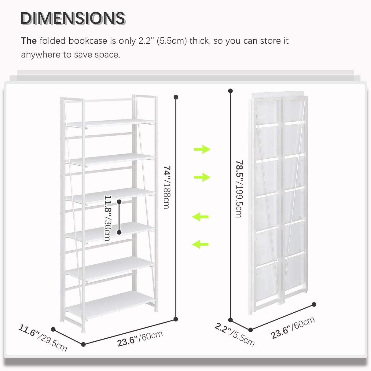 4NM No Assembly Folding Bookshelf, 6-Shelf 74" H Collapsible Foldable Bookcase Storage for Small Spaces, All White 4NM