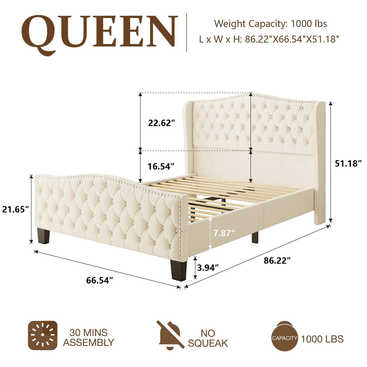 SwnftWinnt Queen Bed Frame Velvet Upholstered Platform Bed Frame with Button Tufted Tall Wingback Headboard, Low Profile, Nailhead Trim, No Box Spring Needed, Noise Free, Beige SwnftWinnt