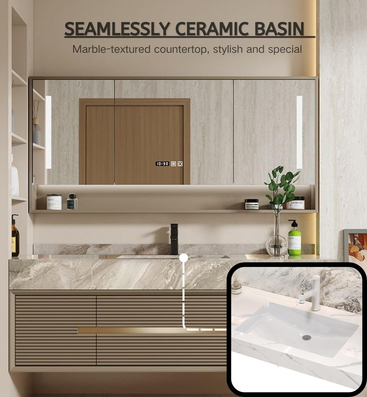 Bathroom Cabinet Vanity, 60" Bathroom Vanity with Sink, Floating Single Sink Vanity for Bathrooms, Solid Wood Luxury Vanities with Smart Anti-Fog Mirror Medicine Cabinet & Marble Countertop, (Gold) LUTHXAY