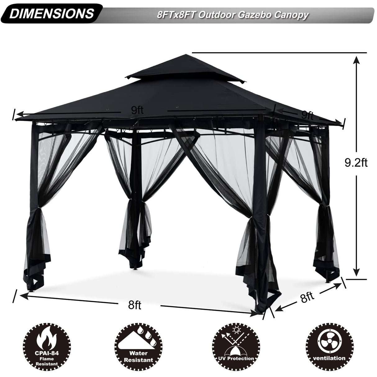 ABCCANOPY Gazebos for Patios 8x8 - Outdoor Steel Frame Gazebo with Mosquito Netting for Lawn Backyard Garden Deck (Black) ABCCANOPY