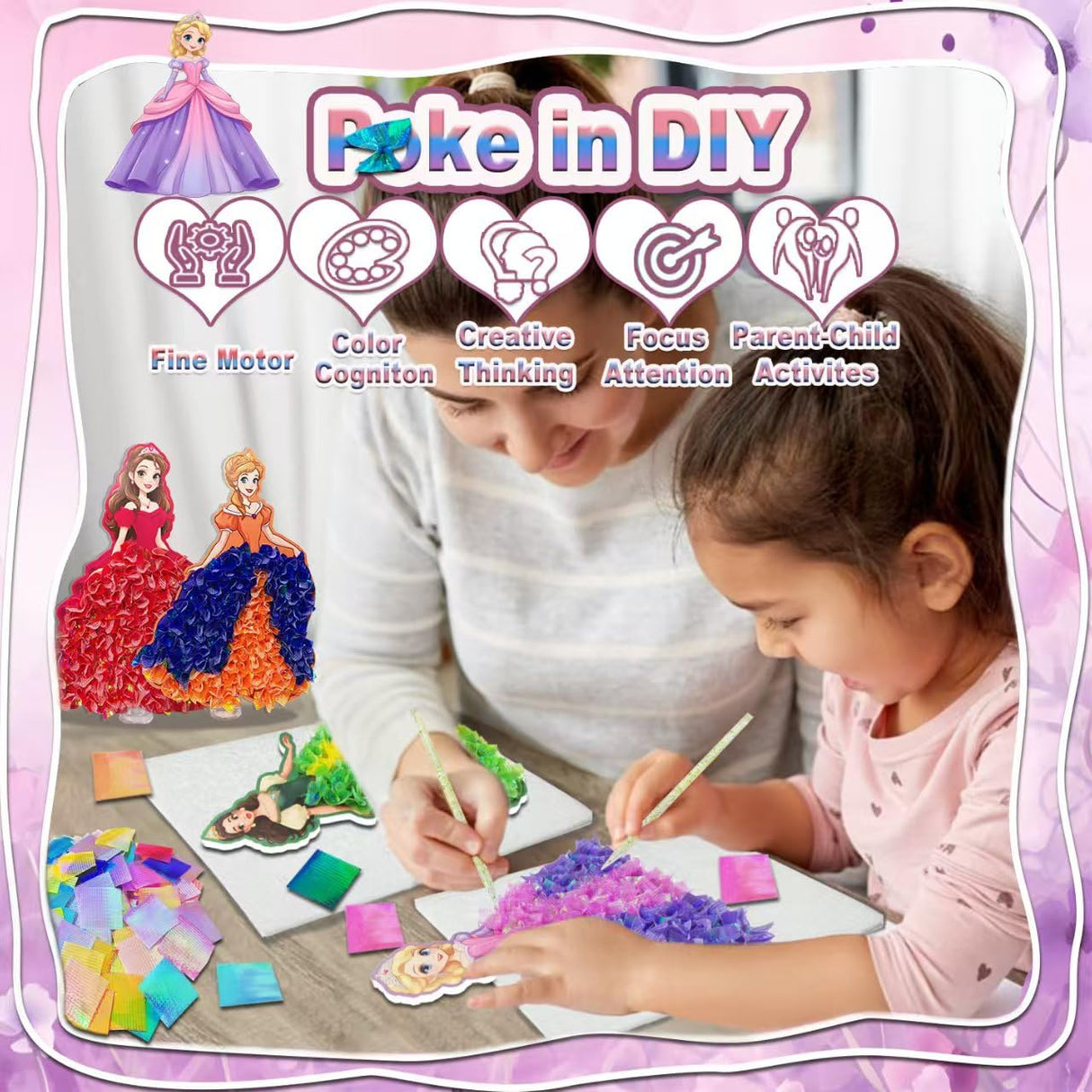 mom&myaboys Poke in Fun Art Kit for Kids DIY Princess Craft Set Birthday Gifts for Girls Ages4-8,Mess-Free Art for Children Fun Activity for Boys Old 3 4 5 6 7 8 9,Christmas Gift for Kid 3 Up mom&myaboys