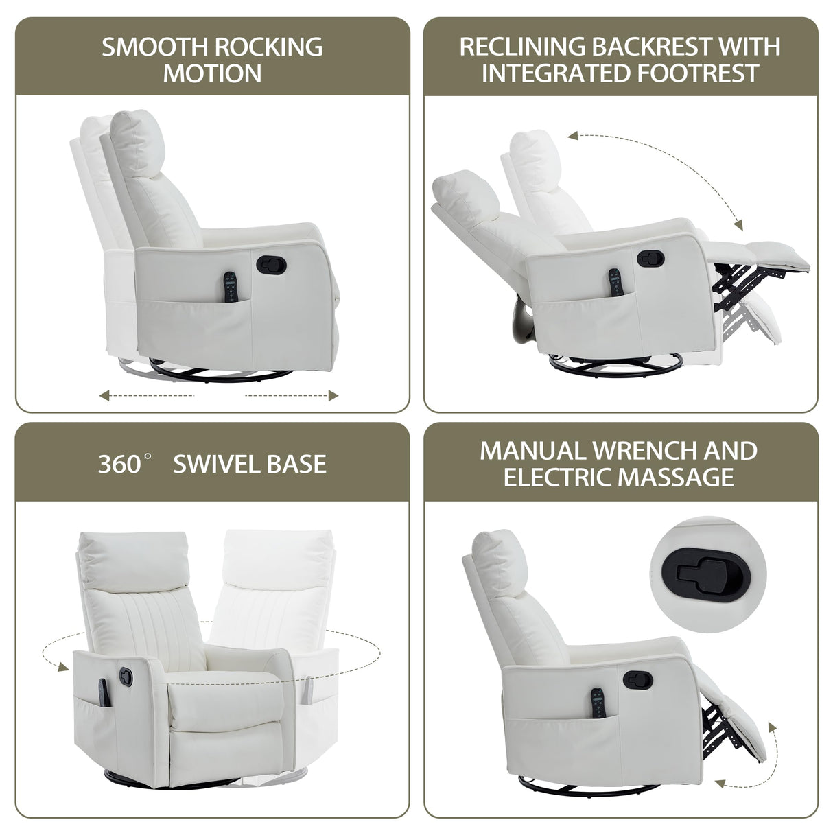 PELUMY Recliner Chair Swivel Rocking with Heat Massage - 360° Manual Recliner, 8-Point Vibrating & Lumbar Heat, Easy Assembly Chair for Living Room (Breathable Leather, White) PELUMY