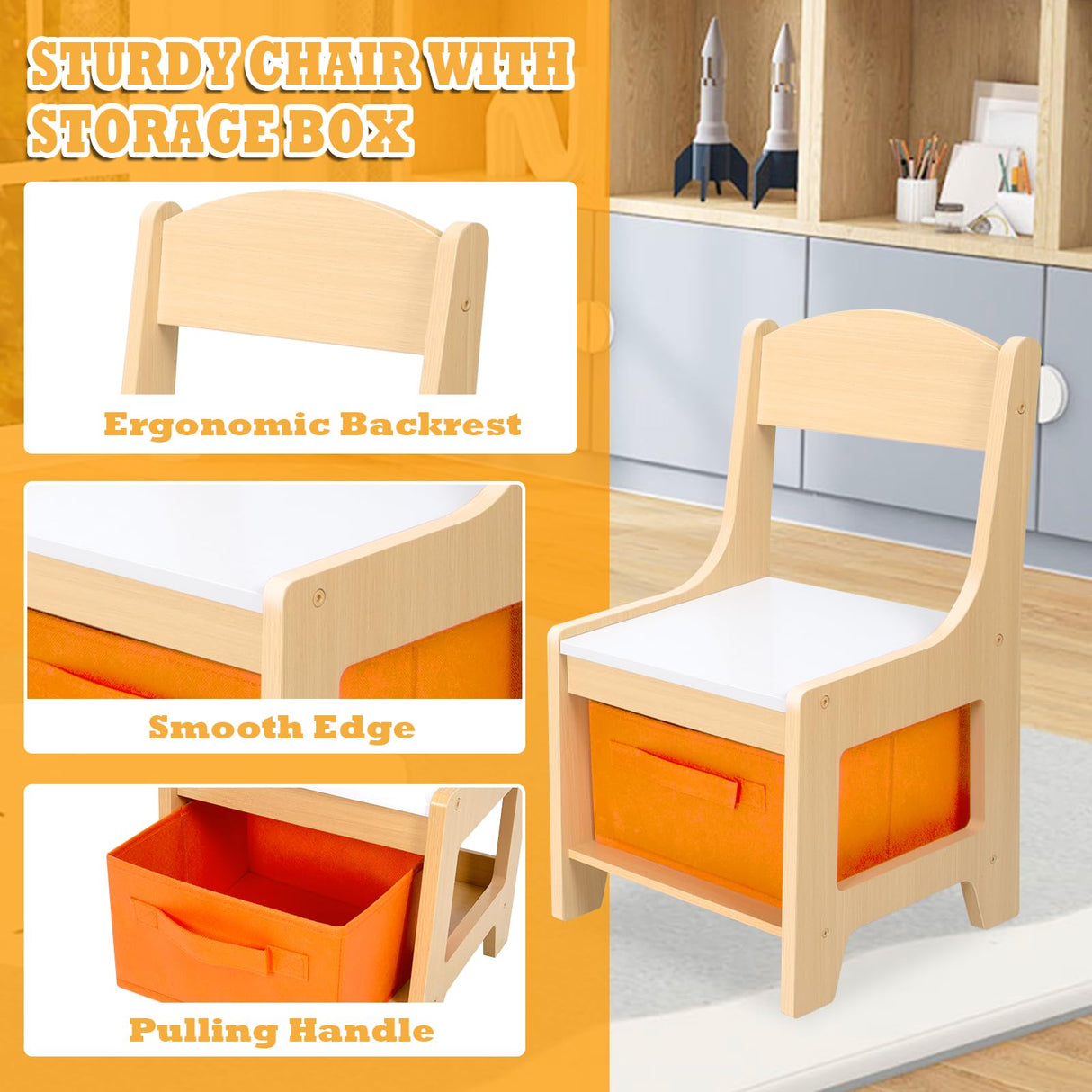 Romswi 3 in 1 Wooden Kids Table and Chair Set with Storage Drawer, Double-Sided Detachable Tabletop for Crafts, Drawing, Reading, Playroom - Ages 5-8 Romswi