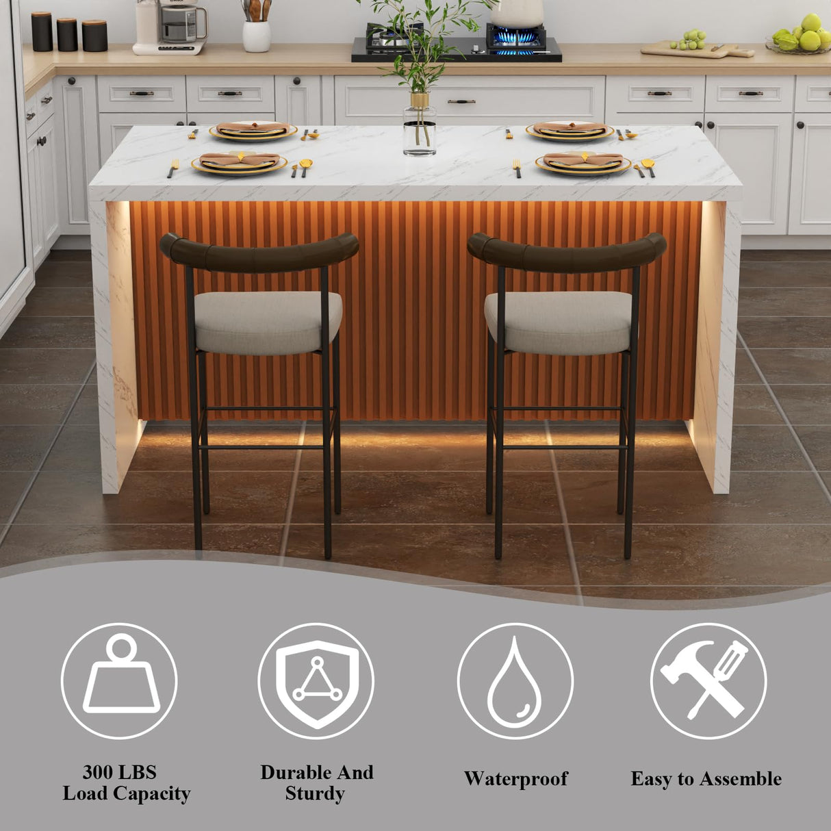 63" Large Imitation Marble Dining Table for 4-6 People, Island Table with LED Lights, Mordern Marble Stripes Kitchen Dining Table with Grille design for Dining Room, Home, Office, Living Room๏ผWhite๏ผ Gyfimoie