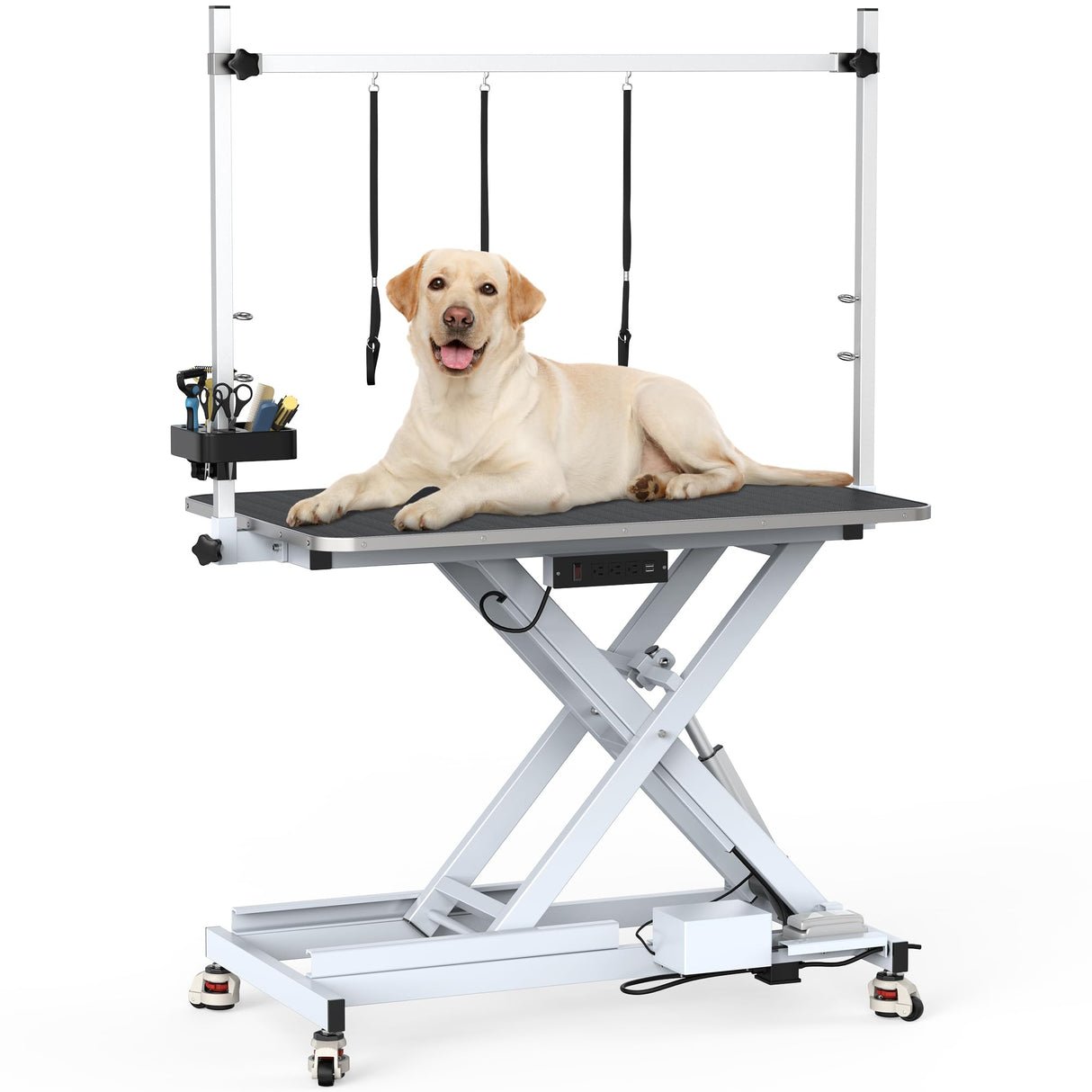 DWVO 49'' Electric Dog Grooming Table, Heavy Duty Adjustable Pet Grooming Table w/Leveling Wheels, Grooming Arm, Anti-Slip Top & Tool Organizer, Professional Dog Grooming Station (White, 49inch) DWVO