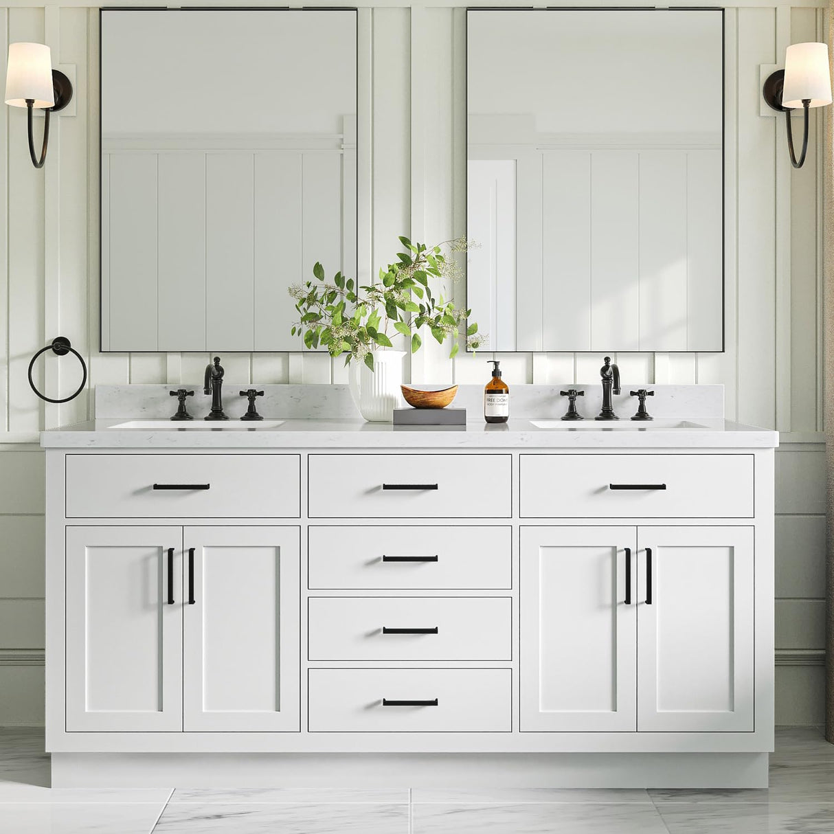 ARIEL Hepburn 72" White Double Vanity, 1.5" Edge Carrara Quartz Countertop & Splash, Rectangular Sinks, 4 Soft Closing Doors, 6 Full Extension Dovetail Drawers, Toe Kick, Matte Black ARIEL