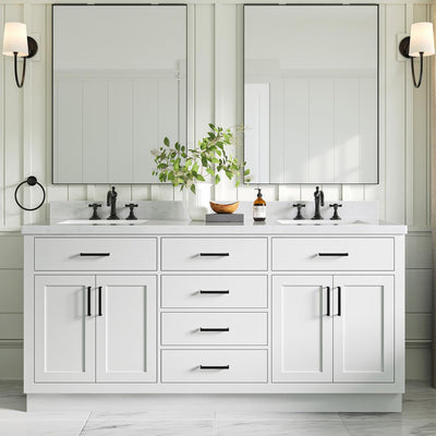 ARIEL Hepburn 72" White Double Vanity, 1.5" Edge Carrara Quartz Countertop & Splash, Rectangular Sinks, 4 Soft Closing Doors, 6 Full Extension Dovetail Drawers, Toe Kick, Matte Black