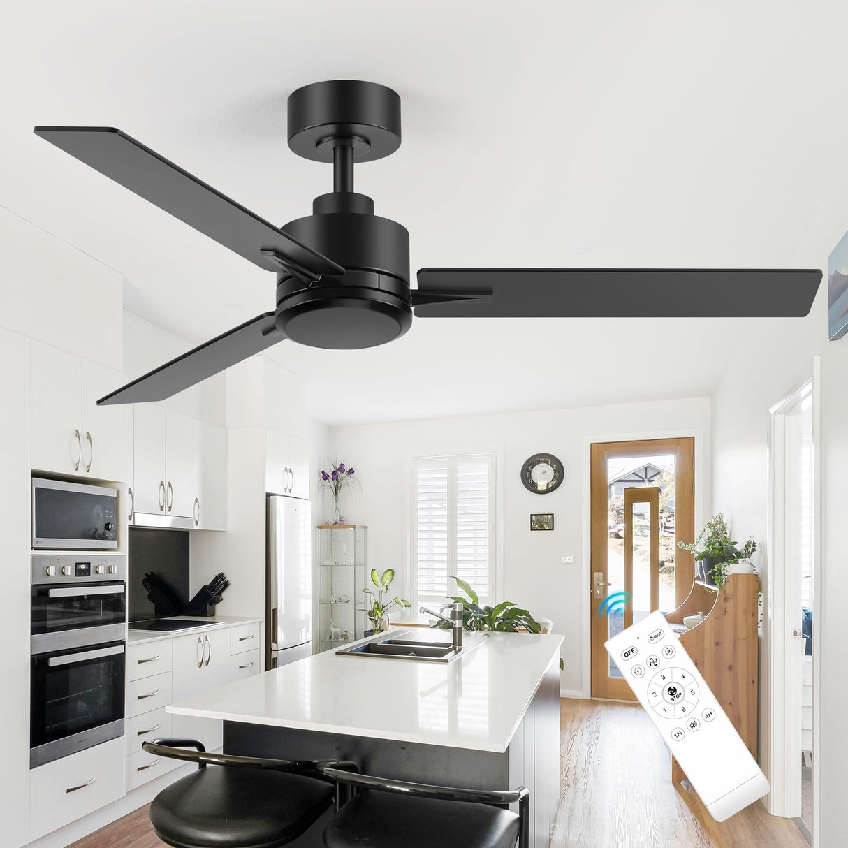 Breezary 48 inch Industrial Ceiling Fans without Lights Remote Control, 6-Speed, Reversible DC Motor, 3 Blades, Modern Indoor/Outdoor Ceiling Fan No Light for Patio Home Office, Black Breezary