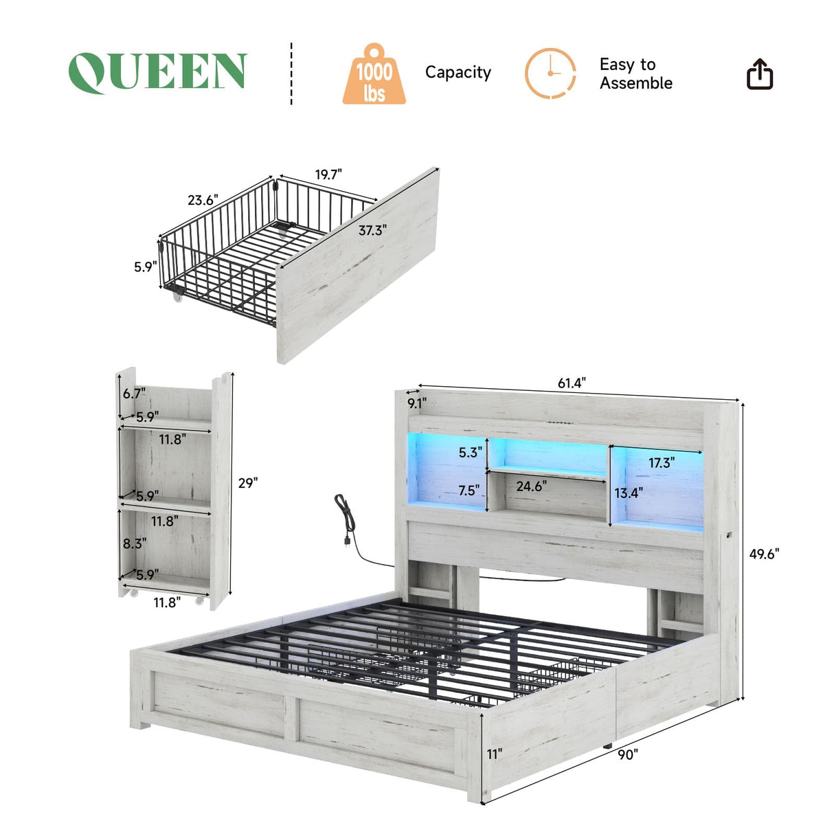 AMERLIFE Queen Bed Frame with 4 Storage Drawer, LED Bed Frame with 49.6" Tall Bookcase Headboard, Wood Platform Bed with Charging Station & 2 Slide Bedside Shelf, No Box Spring Needed/Distressed White AMERLIFE