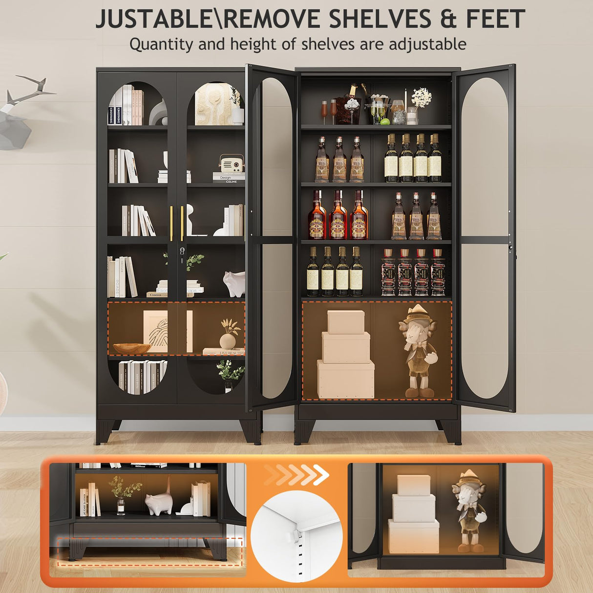 GAIOUS 74.8" Tall Metal Curio Cabinet, Display Cabinet with Glass Door, 6 Tier Liquor with 5 Adjustable Shelves, Locking Glass Display Case for Collectibles, Showcase Storage Cabinets, Black GAIOUS