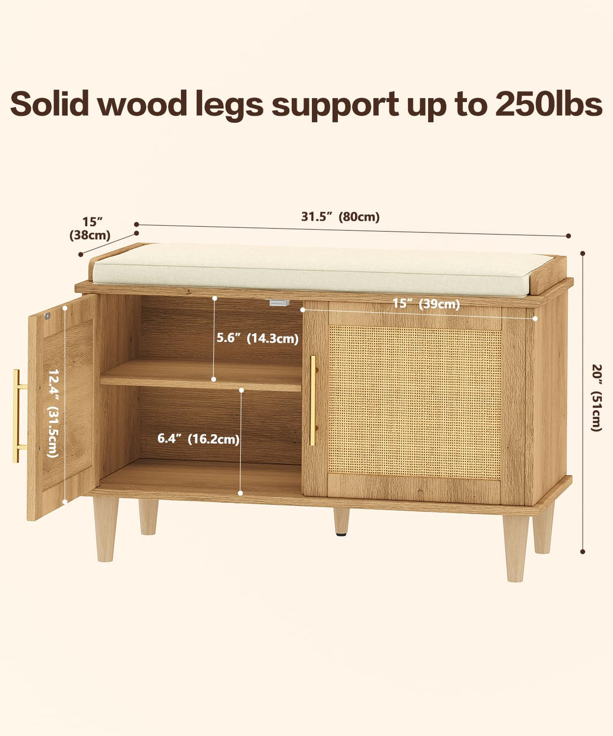 Akxomel Natural Rattan Shoe Storage Bench with Cushion, Entryway Shoe Cabinet Bench with 2 Doors, 15"D x 31.5"W x 20"H, Wooden Shoe Organizer, Adjustable Shelf, Solid Wood Legs, for Hallway, Bedroom Akxomel